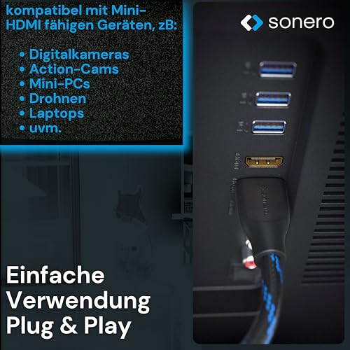 Sonero® 4K Mini HDMI auf HDMI-Kabel, Premium High Speed, 4K 60Hz, Mini HDMI Stecker auf HDMI Stecker, vergoldete Kontakte, zweifache Abschirmung, Baumwollmantel, 1,50m