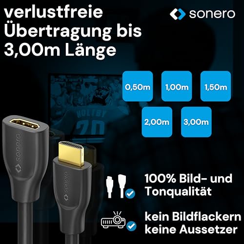 Sonero 4K HDMI Verlängerungskabel, Premium High Speed, 4K 60Hz, HDMI Stecker auf HDMI Buchse, vergoldete Kontakte, zweifache Abschirmung, PVC-Mantel, 3,00m