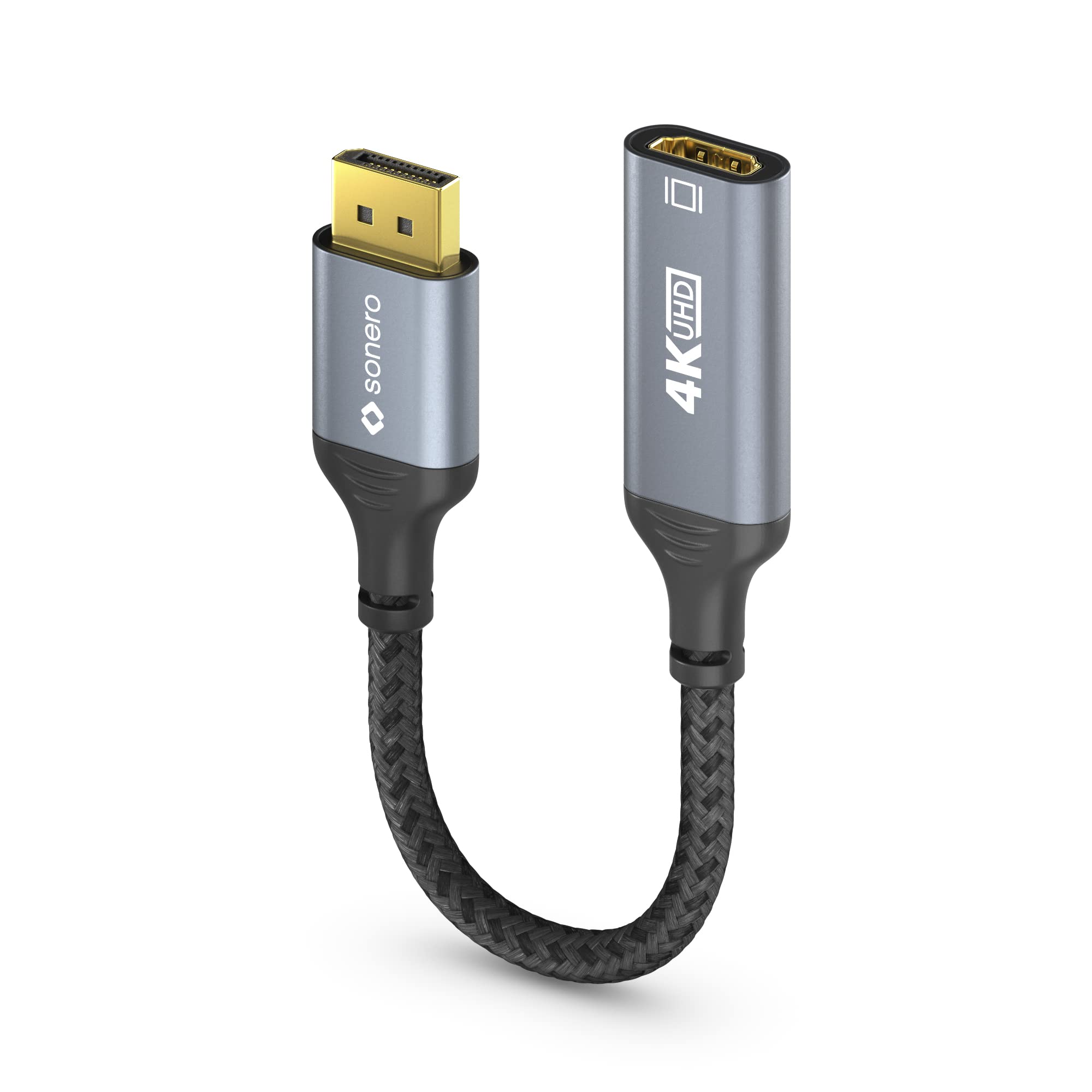 Sonero® 4K DisplayPort 1.2 auf HDMI 2.0 Adapter, DisplayPort Stecker auf HDMI Buchse, 4K 60Hz, 2K 120Hz, Baumwollmantel, grau/schwarz, 0,10 Meter