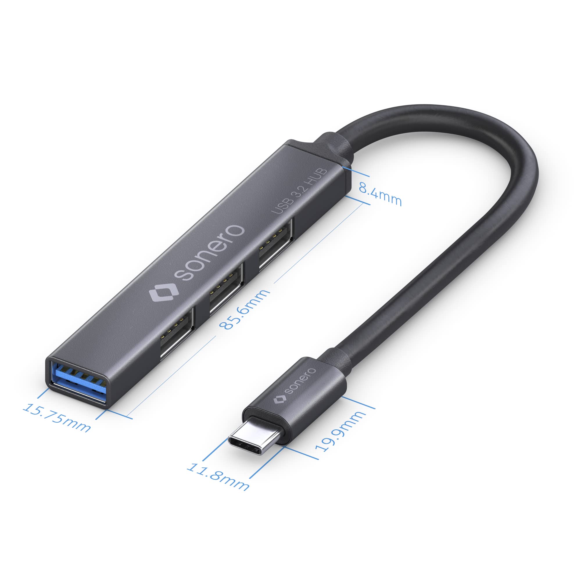 Sonero USB-Hub, USB-Verteiler, 4-Port, 1x USB 3.2 mit 5 GB/s, 3X USB 2.0 mit 480 MB/s, USB-C Stecker, Ultra Slim, Space Grey, 0,15m