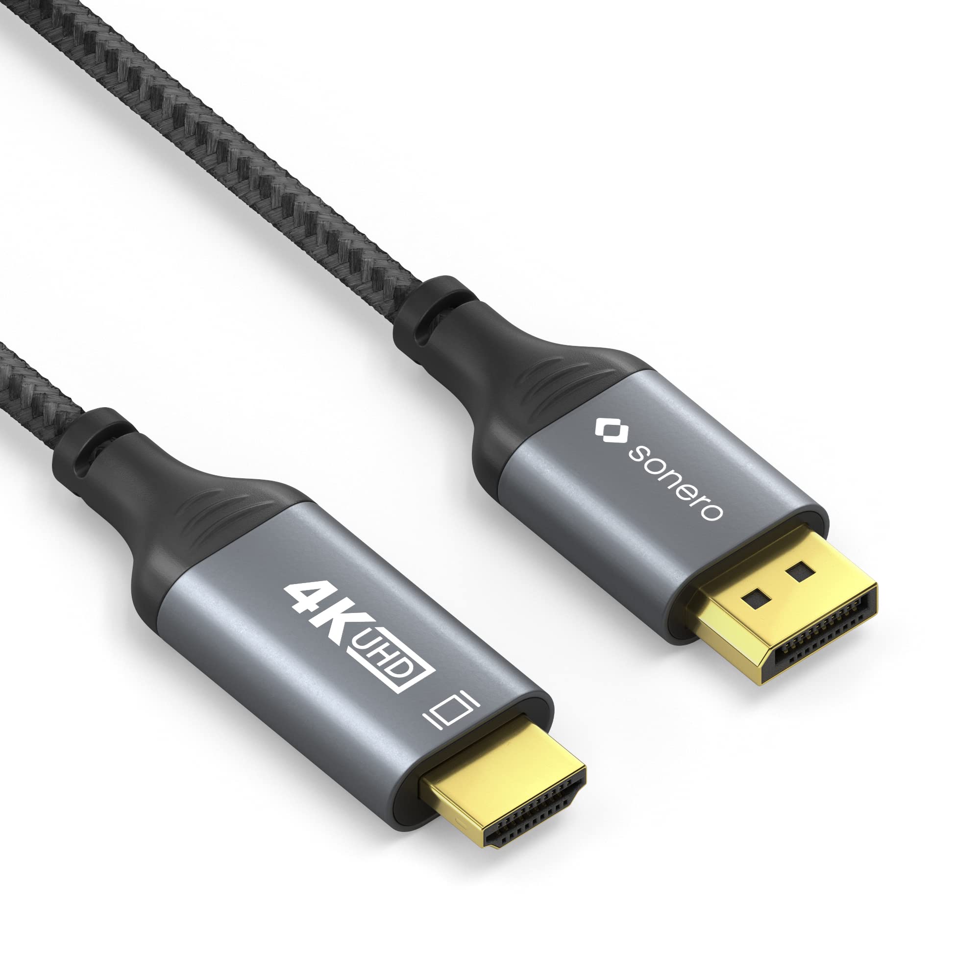 Sonero® 4K DisplayPort 1.2 auf HDMI 2.0 Kabel, DisplayPort Stecker auf HDMI Stecker, 4K 60Hz, 2K 120Hz, Baumwollmantel, grau/schwarz, 2,00 Meter