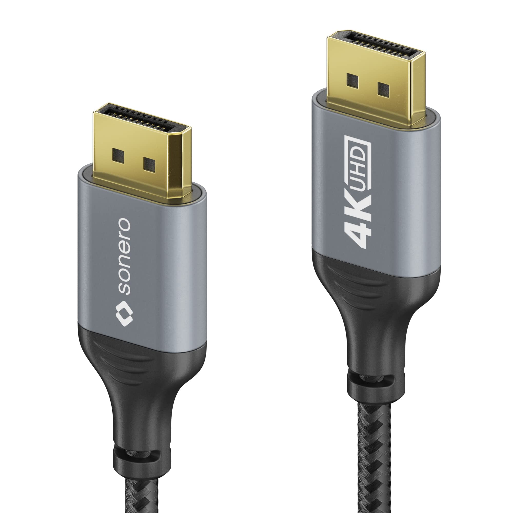 Sonero® 4K DisplayPort-Kabel 1.2, DisplayPort Stecker auf DisplayPort Stecker, 4K 60Hz, 2K 144Hz, Baumwollmantel, grau/schwarz, 2,00 Meter