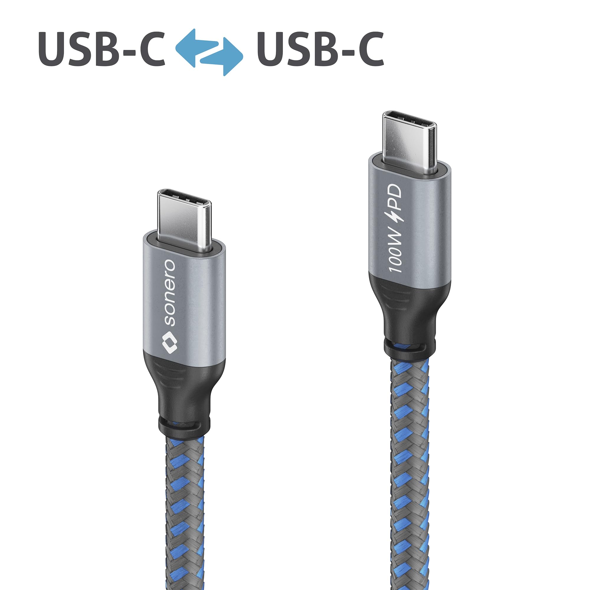 Sonero® USB-C Ladekabel, Handy-Ladekabel, Schnellladekabel, Kabel Typ C, USB 2.0, 100W PD, grau/blau, 1,00m