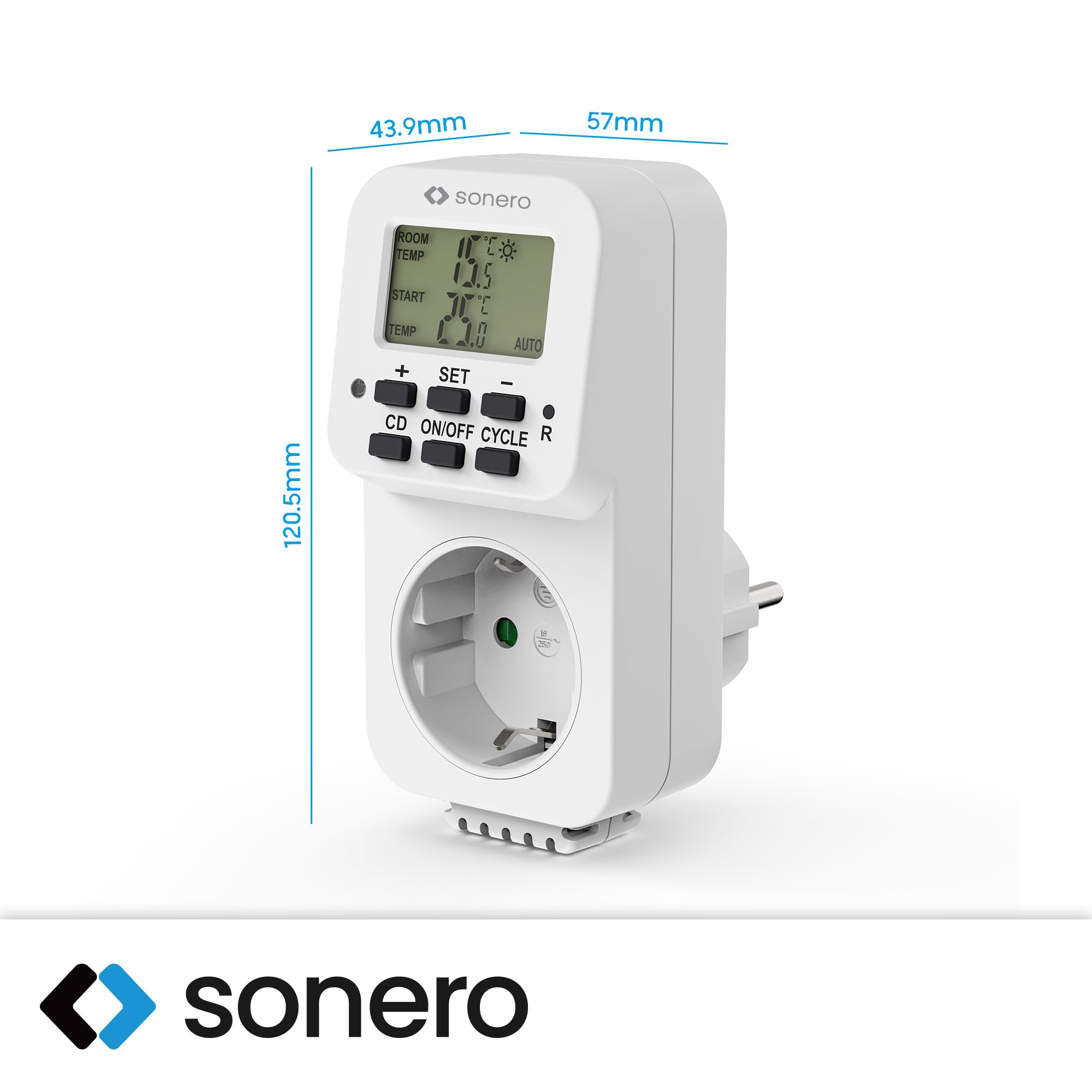 sonero digitales Thermostat Steckdose, Temperaturregler, Heizung, Kühlung, zeitgesteuert mit internem Fühler, für Terrarium, Gewächshaus, Räucherofen, als Frostwächter, 3600 Watt, weiß