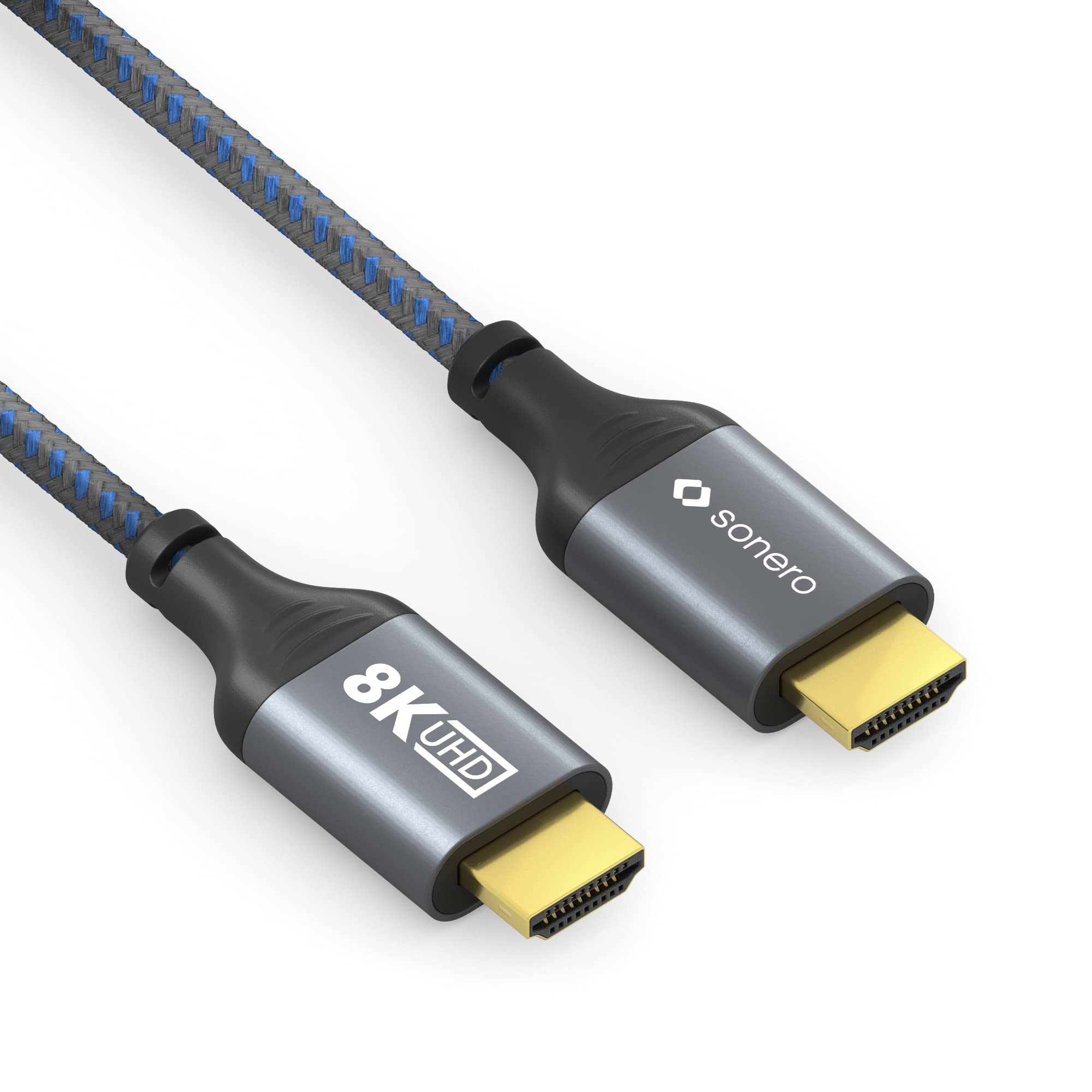Sonero® 8K HDMI-Kabel, HDMI Stecker auf HDMI Stecker, HDMI 2.1, 8K 60Hz, 4K 120Hz, Baumwollmantel, grau/blau, 3,00 Meter