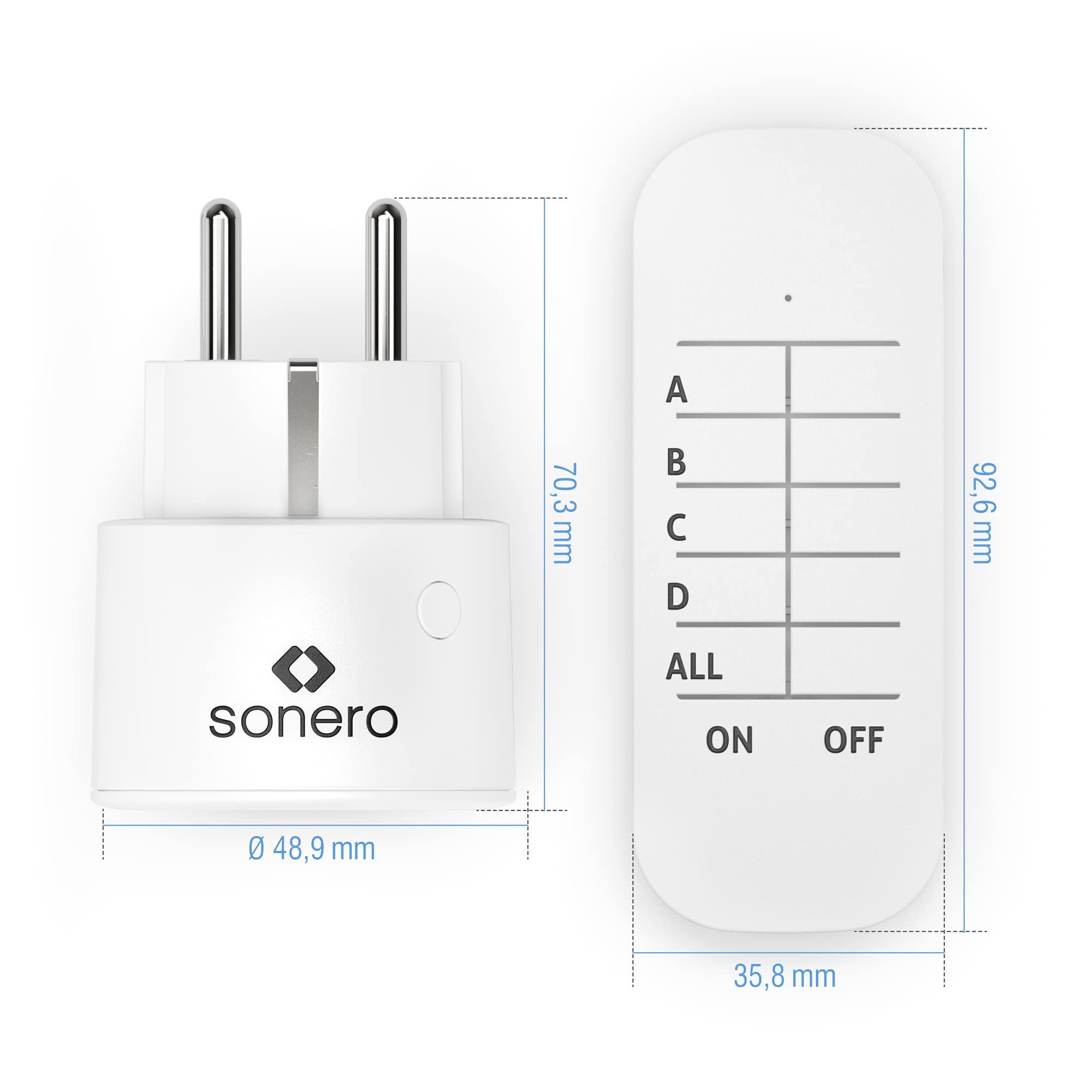 Sonero Funk-Steckdosen Set 2300 Watt | 1x Fernbedienung, 4x Steckdose für den Innenbereich, 30m Reichweite, kompaktes Design, weiß, S-RCS104, 4er Set