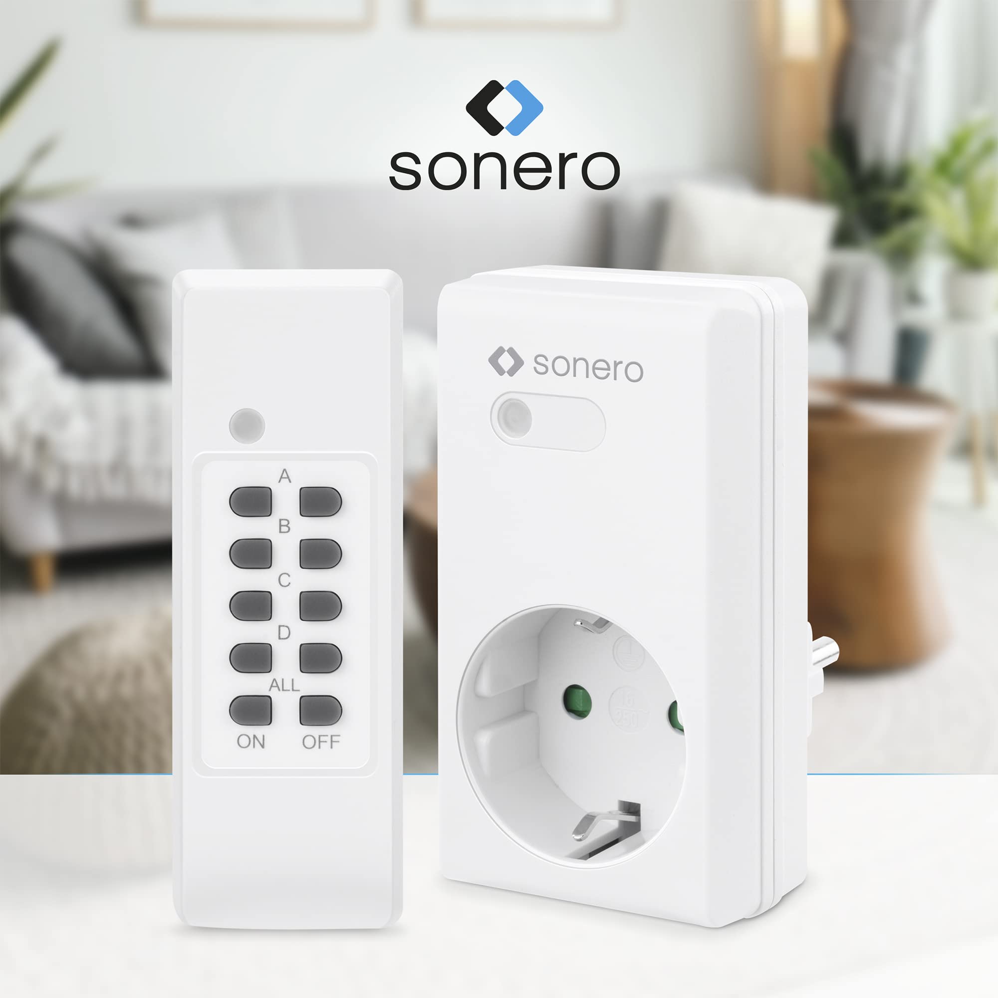 sonero Funksteckdosen Set: 1x Funksteckdose und 1x Funkfernbedienung, 1100 Watt, max. 30m Reichweite, Indoor, weiß