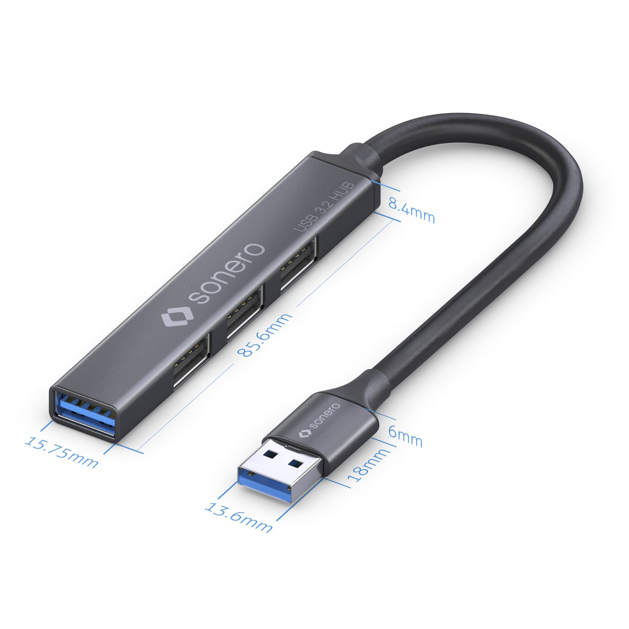 Sonero USB-Hub, USB-Verteiler, 4-Port, 1x USB3.2 mit 5 GB/s, 3X USB2.0 mit 480 MB/s, USB-A Stecker, Ultra Slim, Space Grey, 0,50m, S-UH100-005