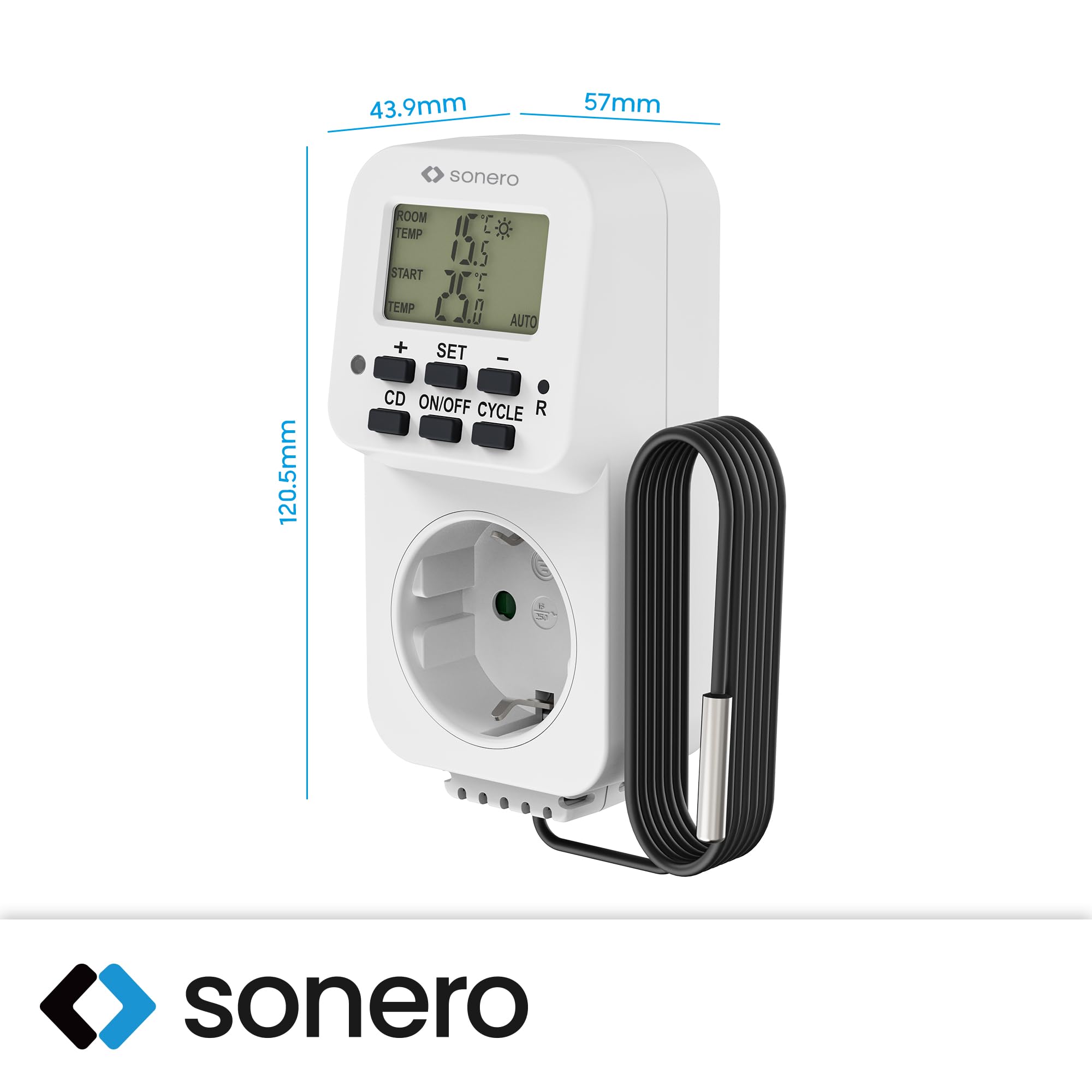 sonero digitales Thermostat Steckdose, Temperaturregler, Heizung, Kühlung, zeitgesteuert mit externem Fühler, für Terrarium, Gewächshaus, Räucherofen, als Frostwächter, 3600 Watt, weiß