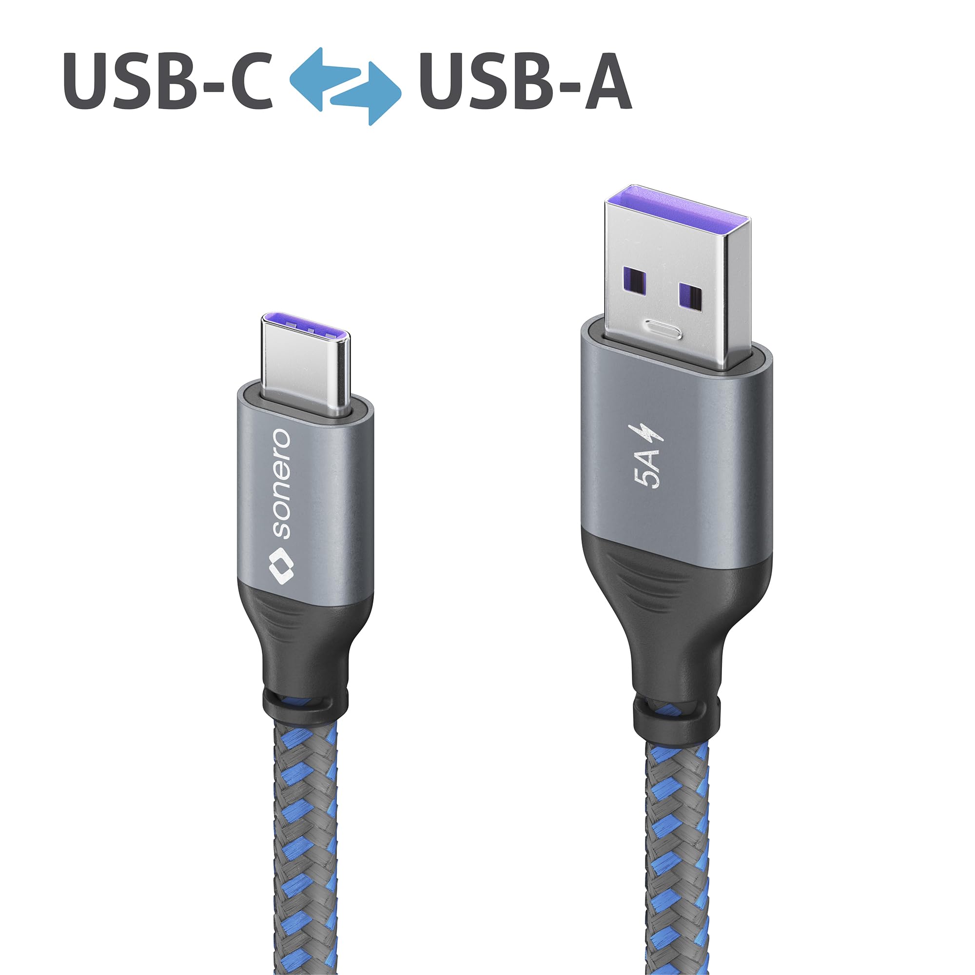 Sonero® USB-C auf USB-A Ladekabel, Handy-Ladekabel, Schnellladekabel, Typ C Kabel 2.0, 5V/5A, grau/blau, 0,25m