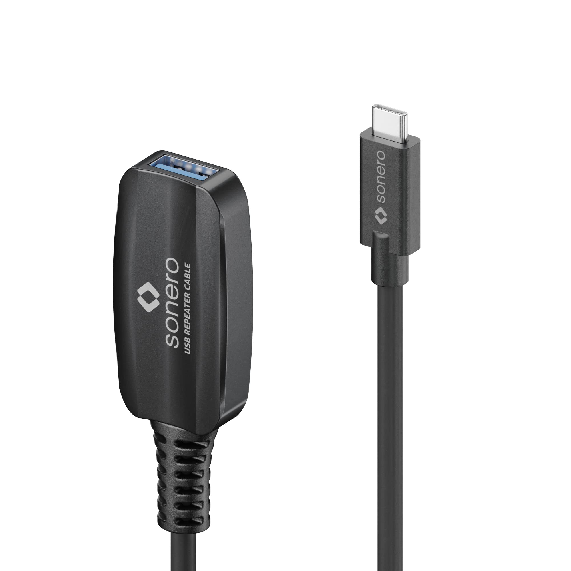 Sonero® USB 3.2 Aktive Verlängerung, USB-C Stecker auf USB-A Buchse, 5GB/s Datenübertragung, keine Stromversorgung benötig, schwarz, Länge: 5,00m