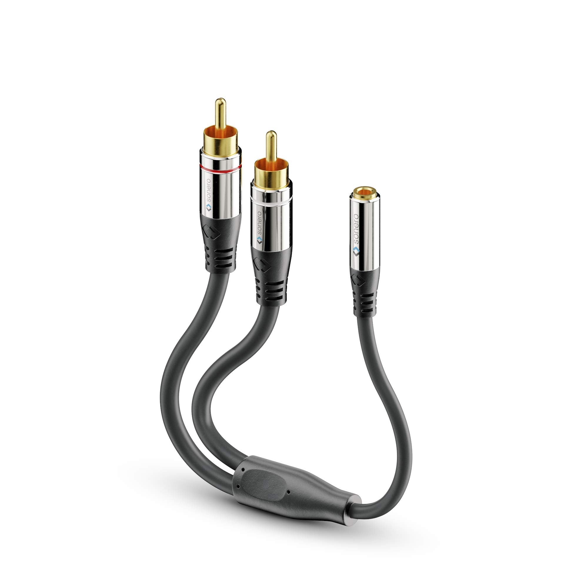 sonero® Premium Audio Adapter, 0,20m, 2X Cinch Stecker auf 3,5mm Klinke Buchse, schwarz