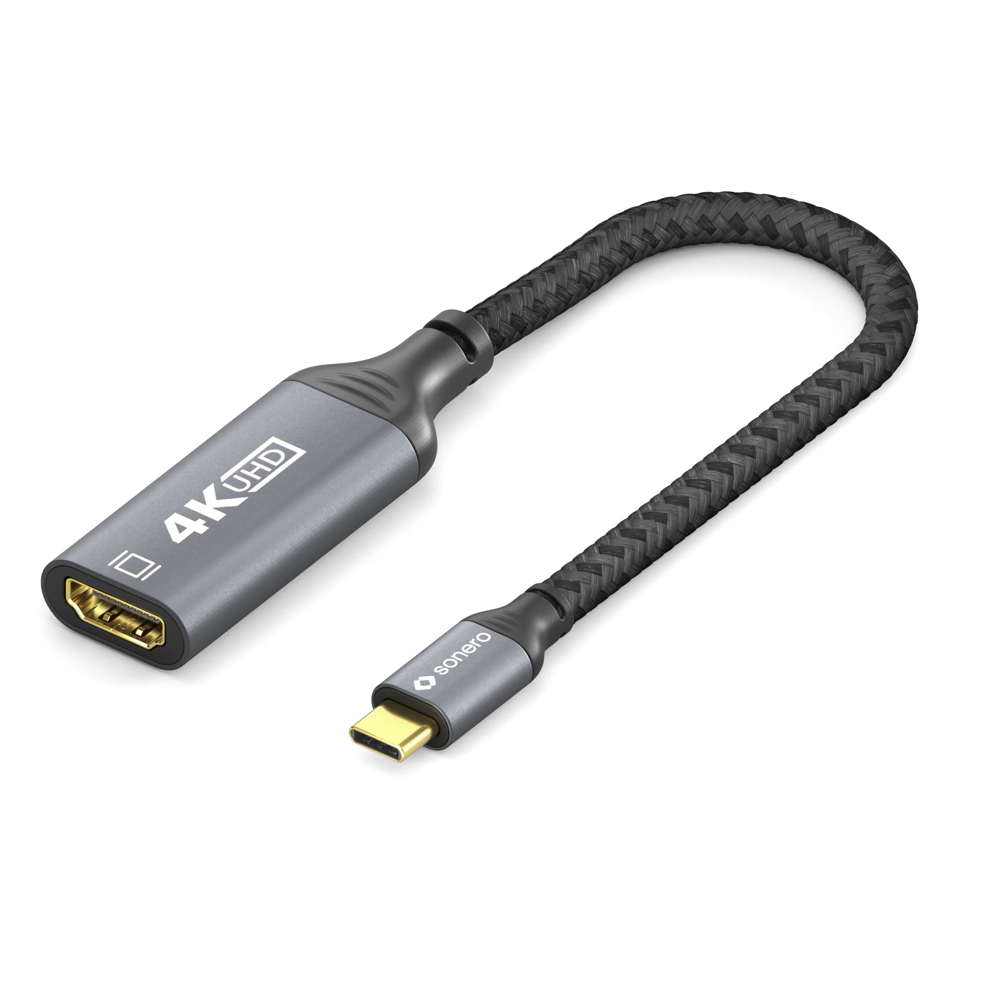 Sonero® 4K USB-C auf HDMI Adapter, HDMI Buchse auf USB-C Stecker, 4K 60Hz, 18GB/s, Baumwollmantel, grau/schwarz, 0,10 Meter