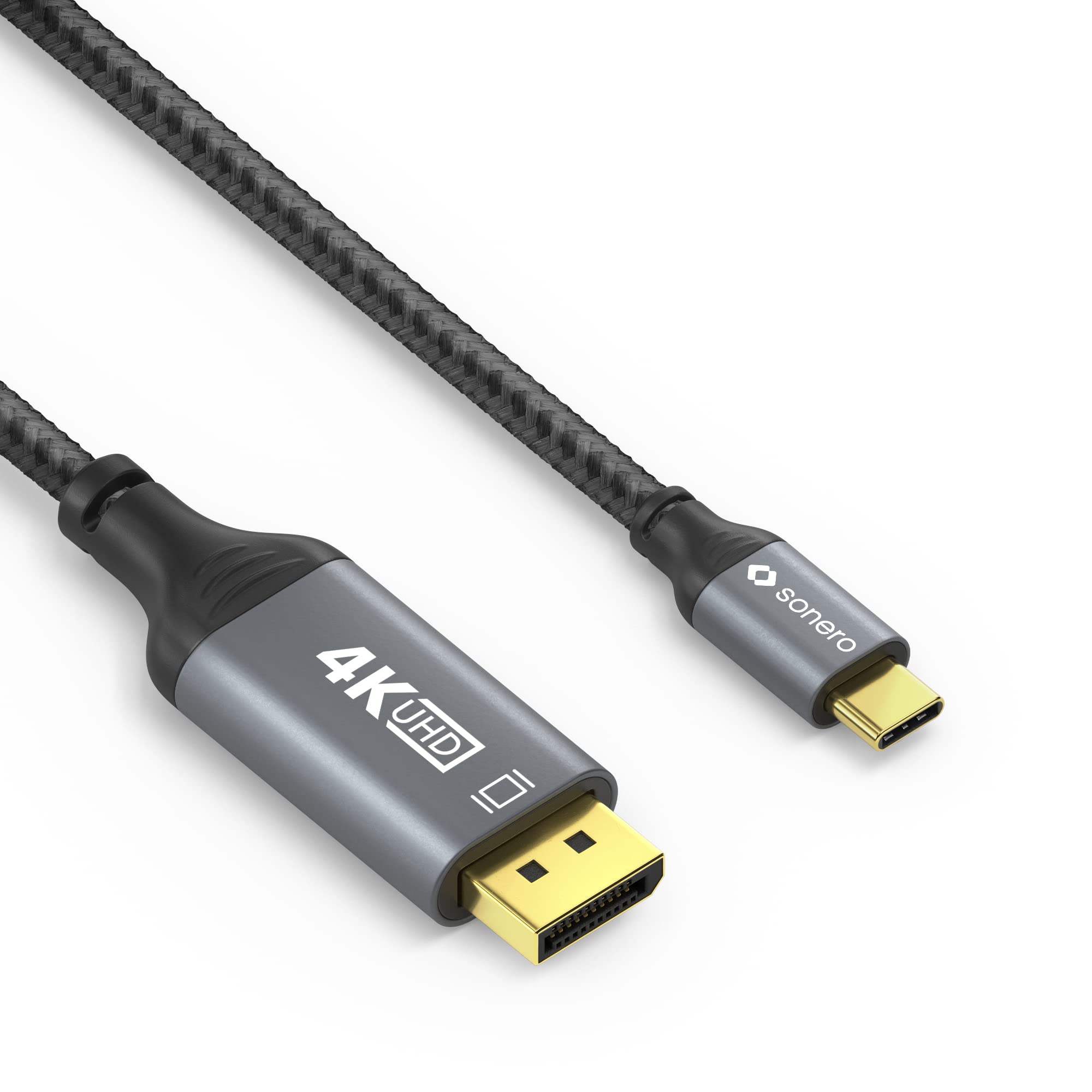 Sonero® 4K USB-C auf DisplayPort Kabel, DisplayPort Stecker auf USB-C Stecker, 4K 60Hz, 21,6 GB/s, Baumwollmantel, grau/schwarz, 2,00 Meter