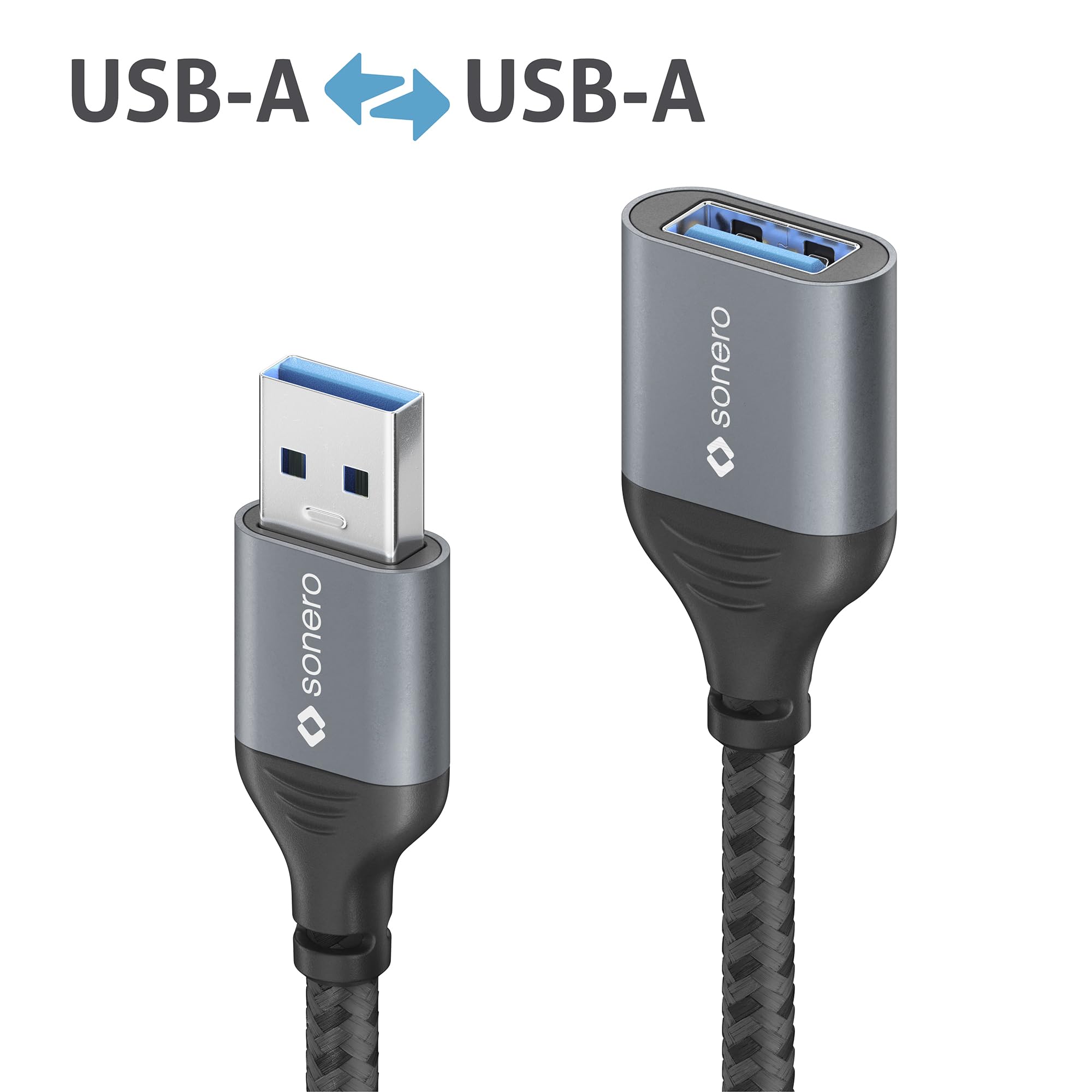 Sonero® USB-A auf USB-A Datenkabel, Verlängerungskabel, USB Kabel Typ A, USB 3.0, 5GB/s, space grey/schwarz, 1,50m