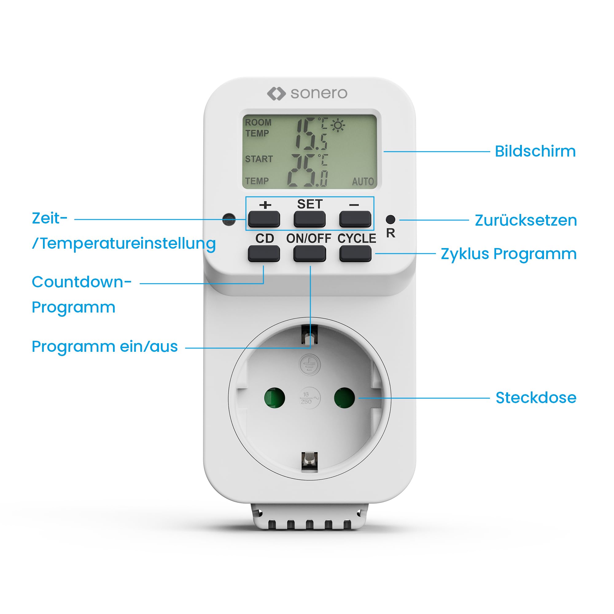 sonero digitales Thermostat Steckdose, Temperaturregler, Heizung, Kühlung, zeitgesteuert mit internem Fühler, für Terrarium, Gewächshaus, Räucherofen, als Frostwächter, 3600 Watt, weiß
