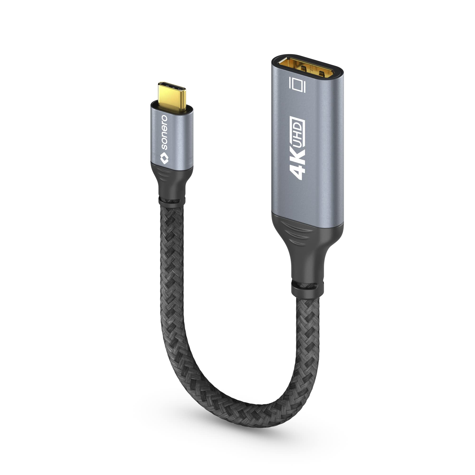 Sonero® 4K USB-C auf DisplayPort Adapter, DisplayPort Buchse auf USB-C Stecker, 4K 60Hz, 18GB/s, Baumwollmantel, grau/schwarz, 0,10 Meter