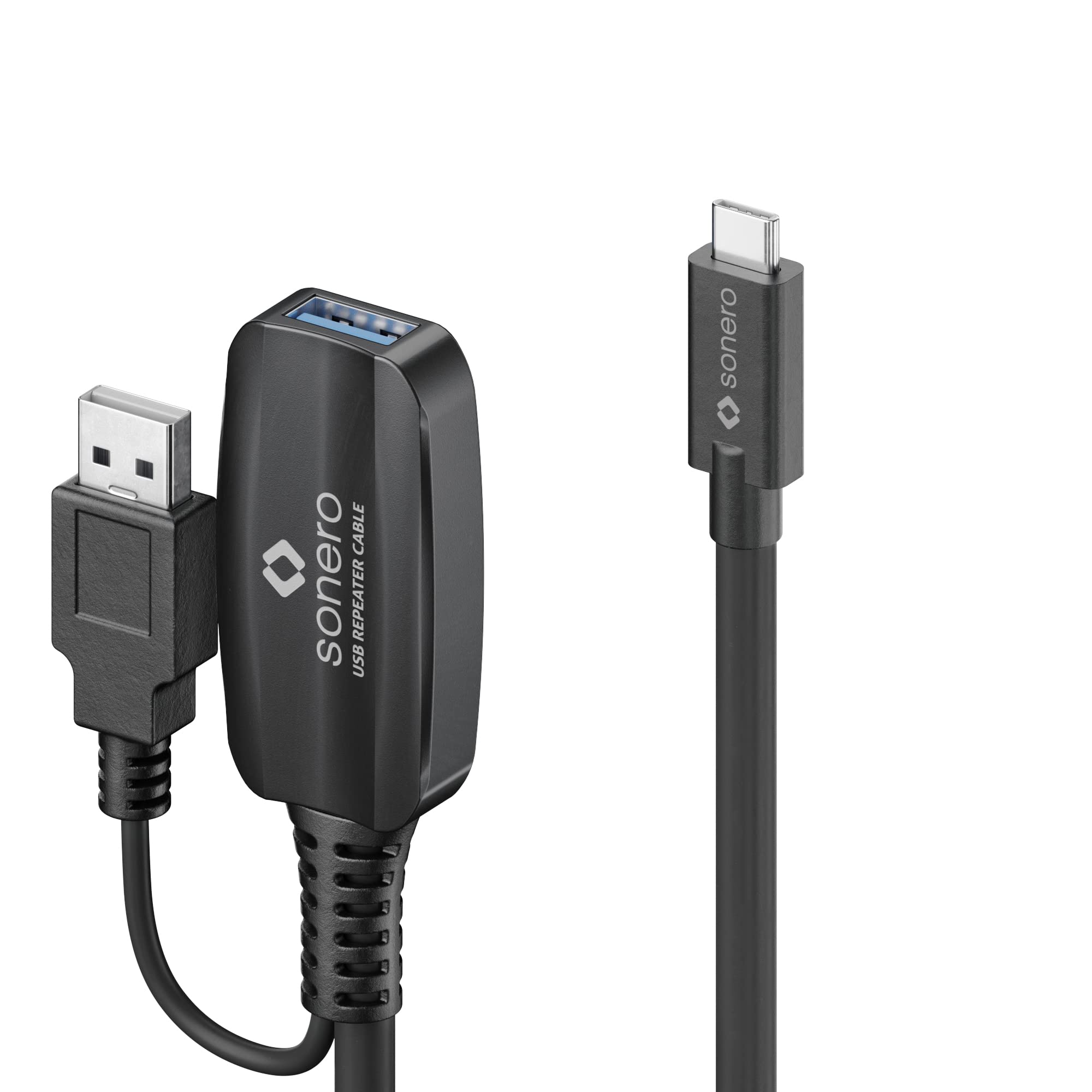 Sonero® USB 3.2 Aktive Verlängerung, USB-C Stecker auf USB-A Buchse, 5GB/s Datenübertragung, integrierte Stromversorgung, schwarz, Länge: 10,00m
