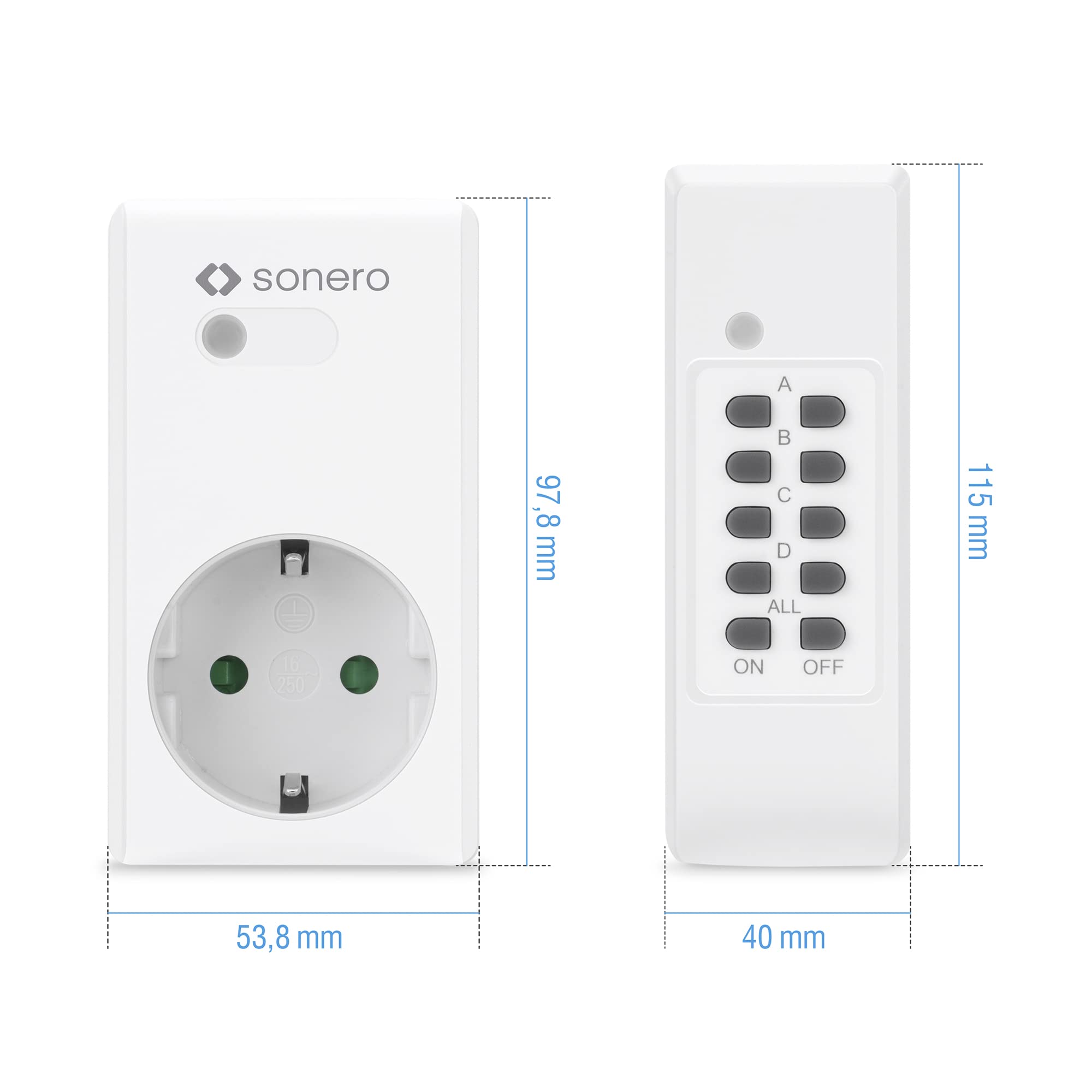 sonero Funksteckdosen Set: 1x Funksteckdose und 1x Funkfernbedienung, 1100 Watt, max. 30m Reichweite, Indoor, weiß