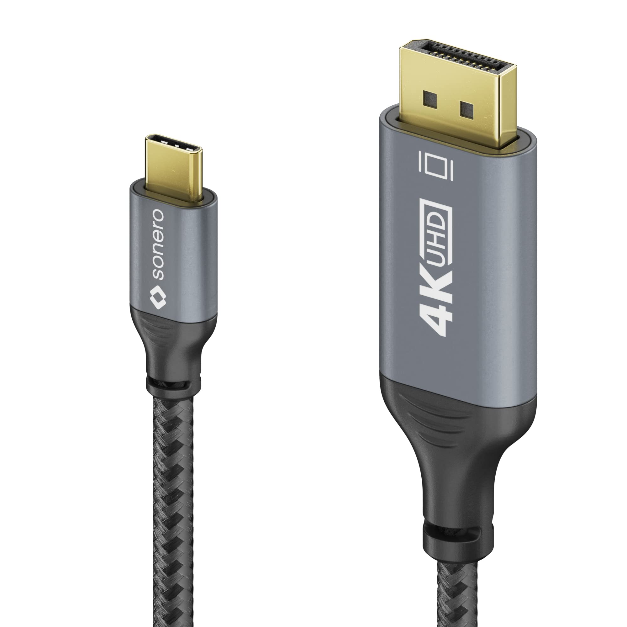 Sonero® 4K USB-C auf DisplayPort Kabel, DisplayPort Stecker auf USB-C Stecker, 4K 60Hz, 21,6 GB/s, Baumwollmantel, grau/schwarz, 2,00 Meter