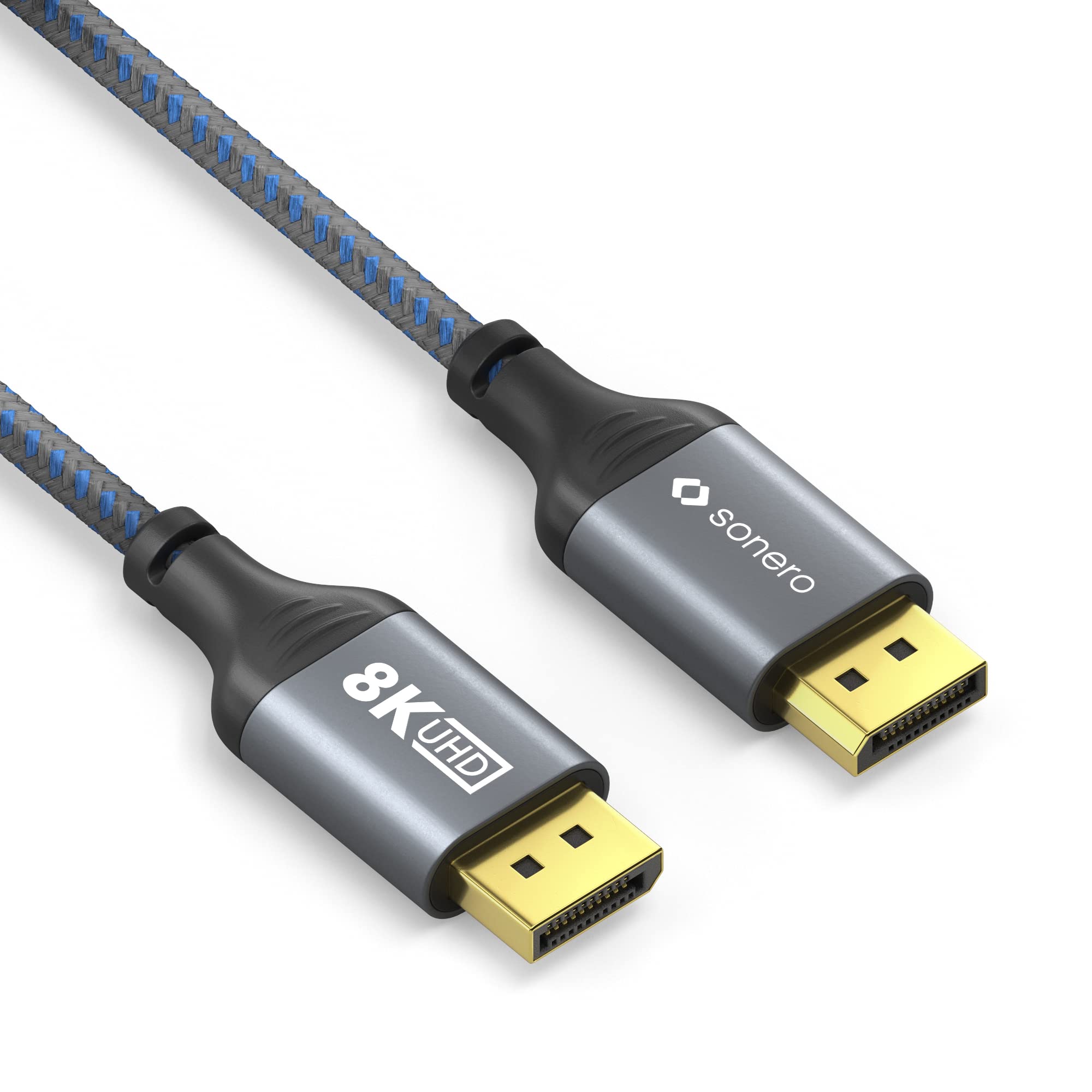Sonero® 8K DisplayPort-Kabel 1.4, DisplayPort Stecker auf DisplayPort Stecker, 8K 60Hz, 4K 120Hz, Baumwollmantel, grau/blau, 2,00 Meter