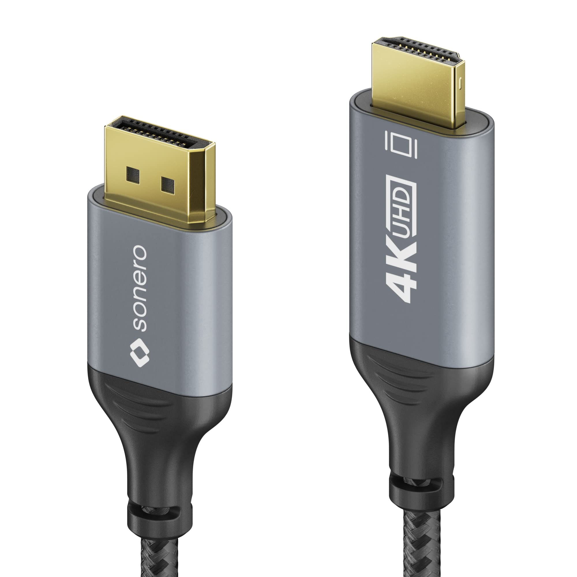 Sonero® 4K DisplayPort 1.2 auf HDMI 2.0 Kabel, DisplayPort Stecker auf HDMI Stecker, 4K 60Hz, 2K 120Hz, Baumwollmantel, grau/schwarz, 2,00 Meter