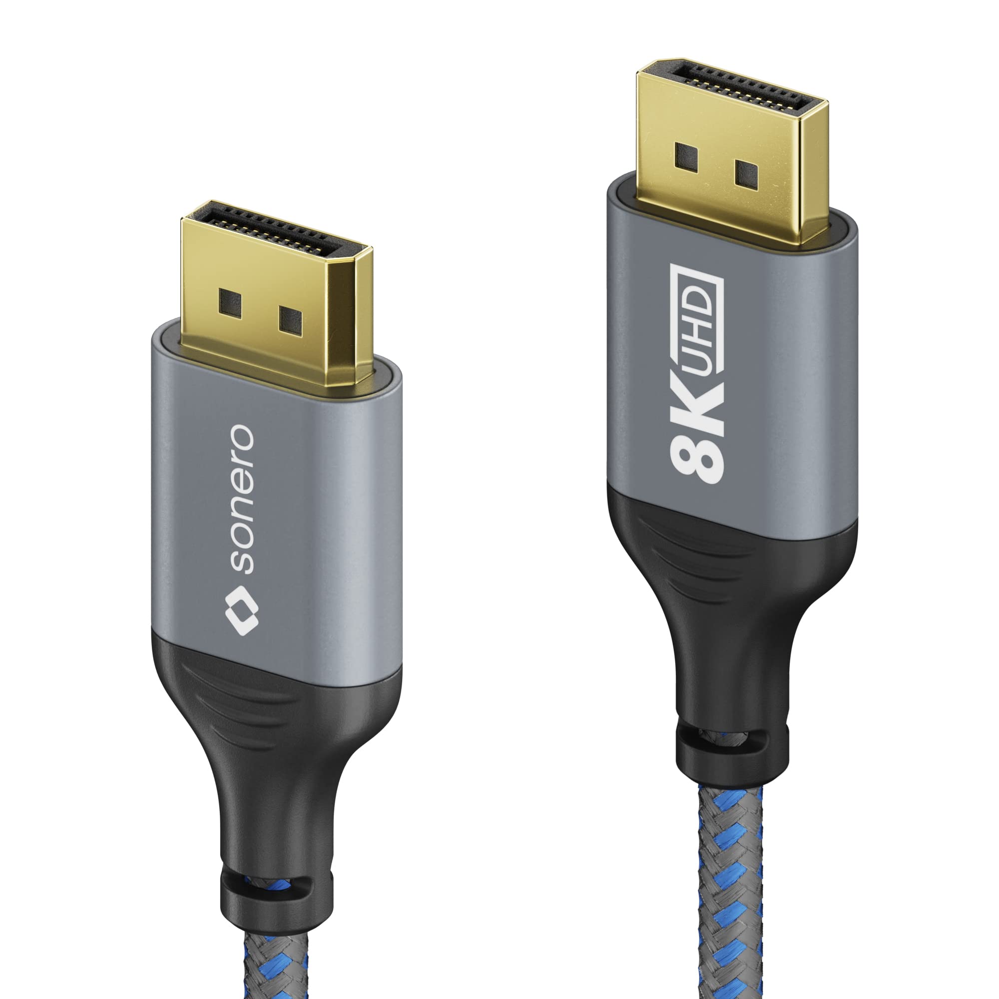 Sonero® 8K DisplayPort-Kabel 1.4, DisplayPort Stecker auf DisplayPort Stecker, 8K 60Hz, 4K 120Hz, Baumwollmantel, grau/blau, 1,00 Meter