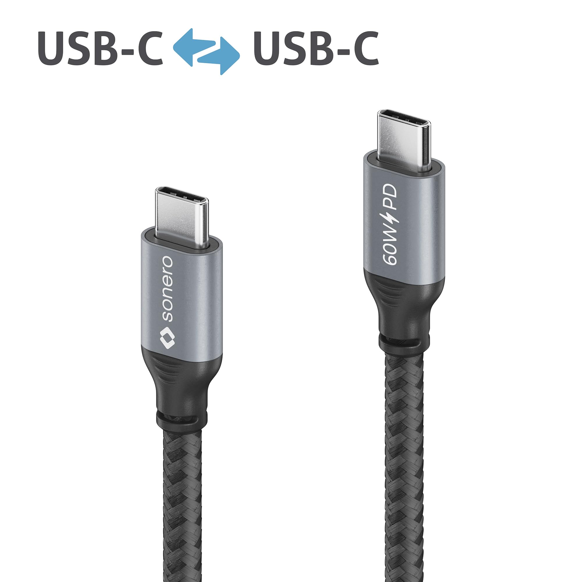 Sonero® USB-C auf USB-C Ladekabel, Handy-Ladekabel, Schnellladekabel USB C, USB Kabel Typ C, USB 2.0, 60W PD, grau/schwarz, 1,00m