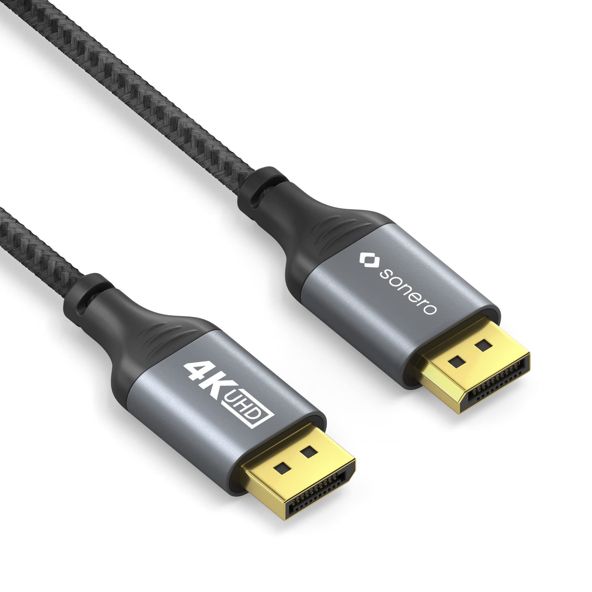 Sonero® 4K DisplayPort-Kabel 1.2, DisplayPort Stecker auf DisplayPort Stecker, 4K 60Hz, 2K 144Hz, Baumwollmantel, grau/schwarz, 2,00 Meter