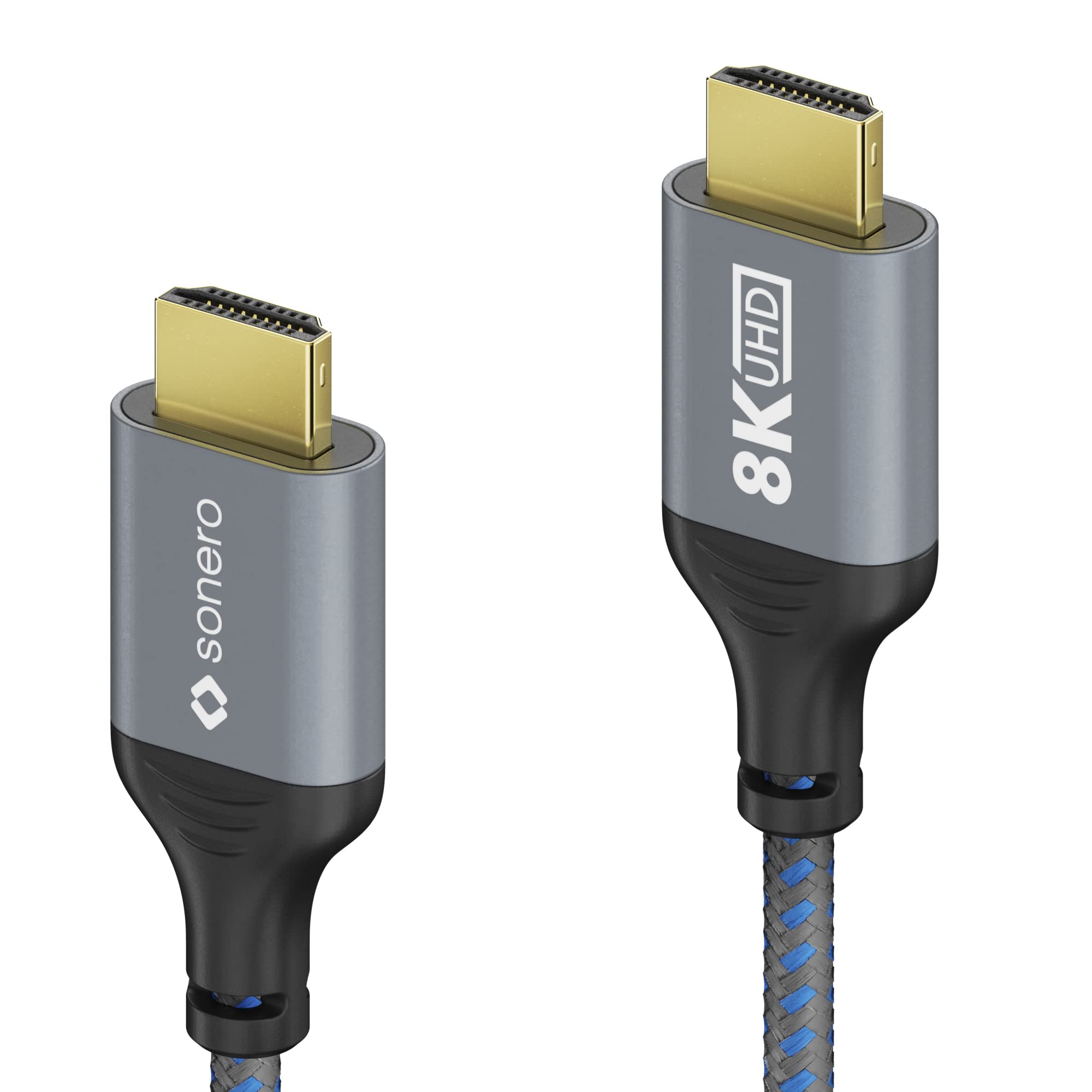 Sonero® 8K HDMI-Kabel, HDMI Stecker auf HDMI Stecker, HDMI 2.1, 8K 60Hz, 4K 120Hz, Baumwollmantel, grau/blau, 2,00 Meter