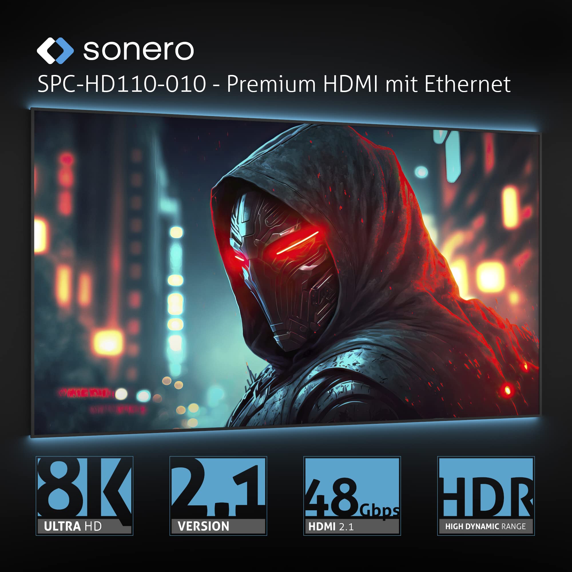 Sonero® 8K HDMI-Kabel, HDMI Stecker auf HDMI Stecker, HDMI 2.1, 8K 60Hz, 4K 120Hz, Baumwollmantel, grau/blau, 2,00 Meter