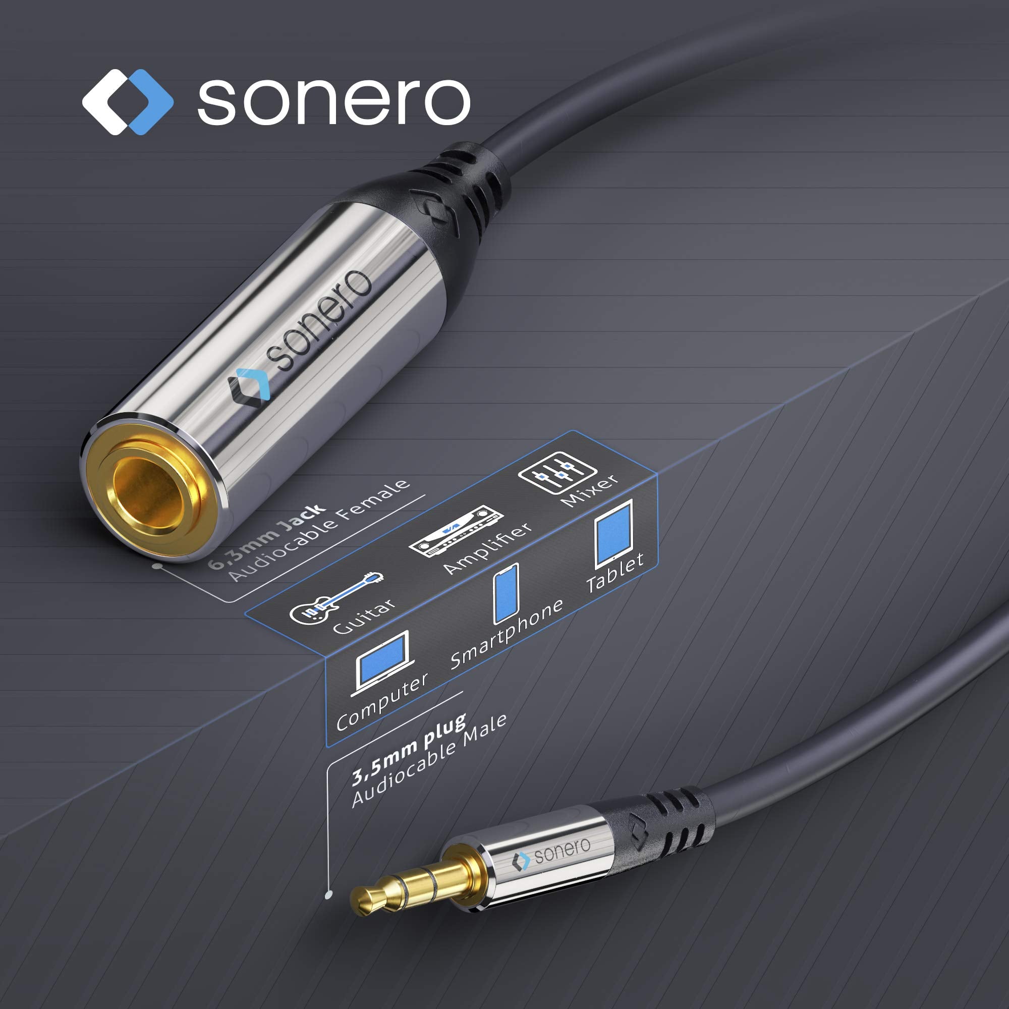Sonero Premium Kopfhörer Adapter, 0,20m, 3,5mm Klinke Stecker auf 6,3mm Klinke Buchse, schwarz, S-ACA005