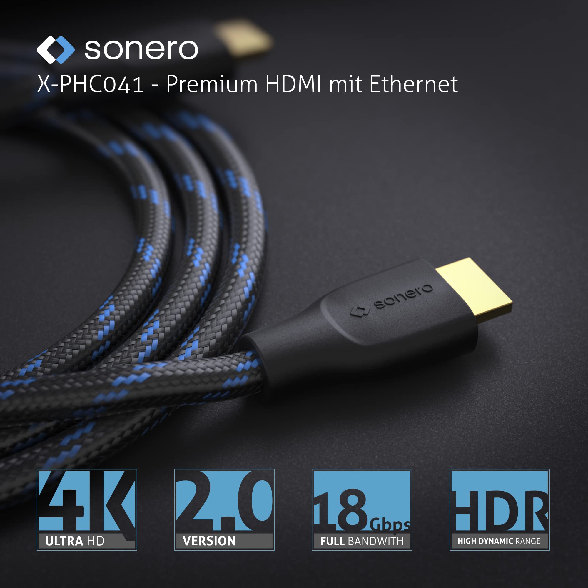 Sonero® 4K HDMI Verlängerungskabel, Premium High Speed, 4K 60Hz, HDMI-Stecker auf Buchse, vergoldete Kontakte, zweifache Abschirmung, Baumwollmantel, 2,00m