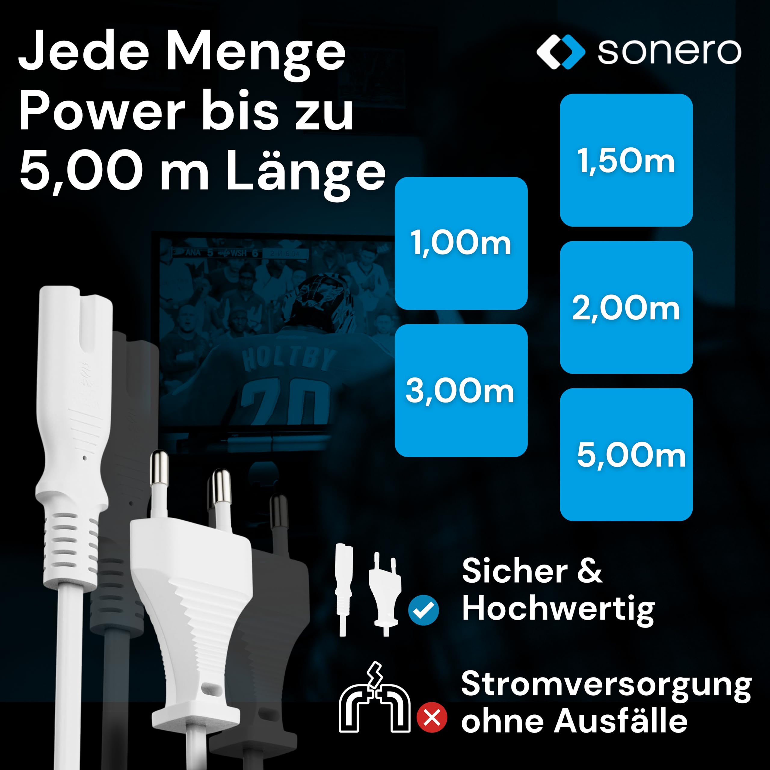 sonero Stromkabel Netzkabel 2 Polig, 1,50m, Eurostecker Typ C Netzstecker auf IEC Buchse C7 Euro 8 Stecker, Netzteil Strom Kabel für TV, PS5, PS4, PS3, Haushaltsgeräte, Weiß