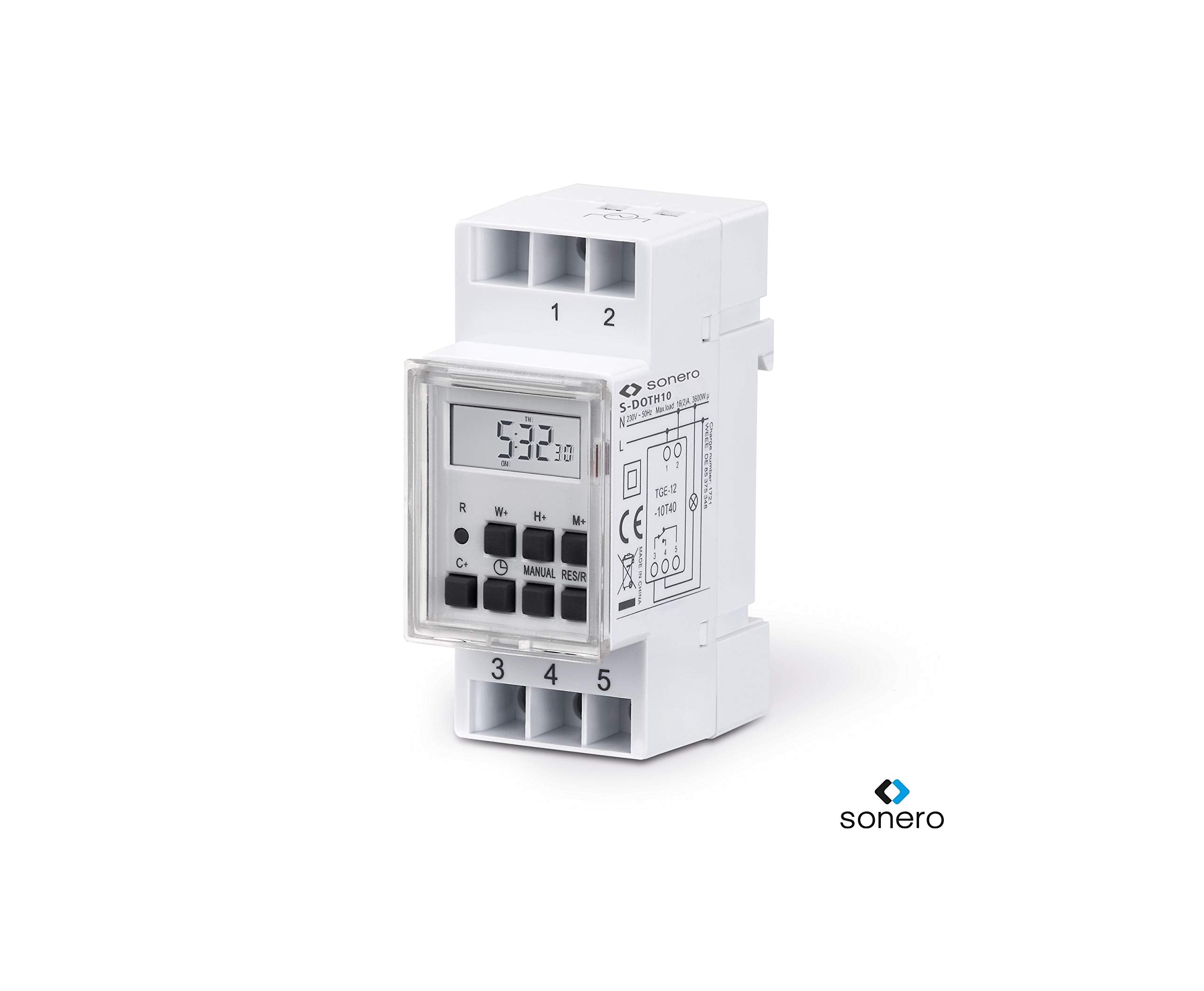 sonero® Digitale Zeitschaltuhr für Hutschienen / Schalttafel Einbau, 3600W, LCD-Display, 10 Schaltprogramme (Wochen-, Tages- und Minutenprogramm), 12/24h Timer, IP20, weiß, S-DOTH10