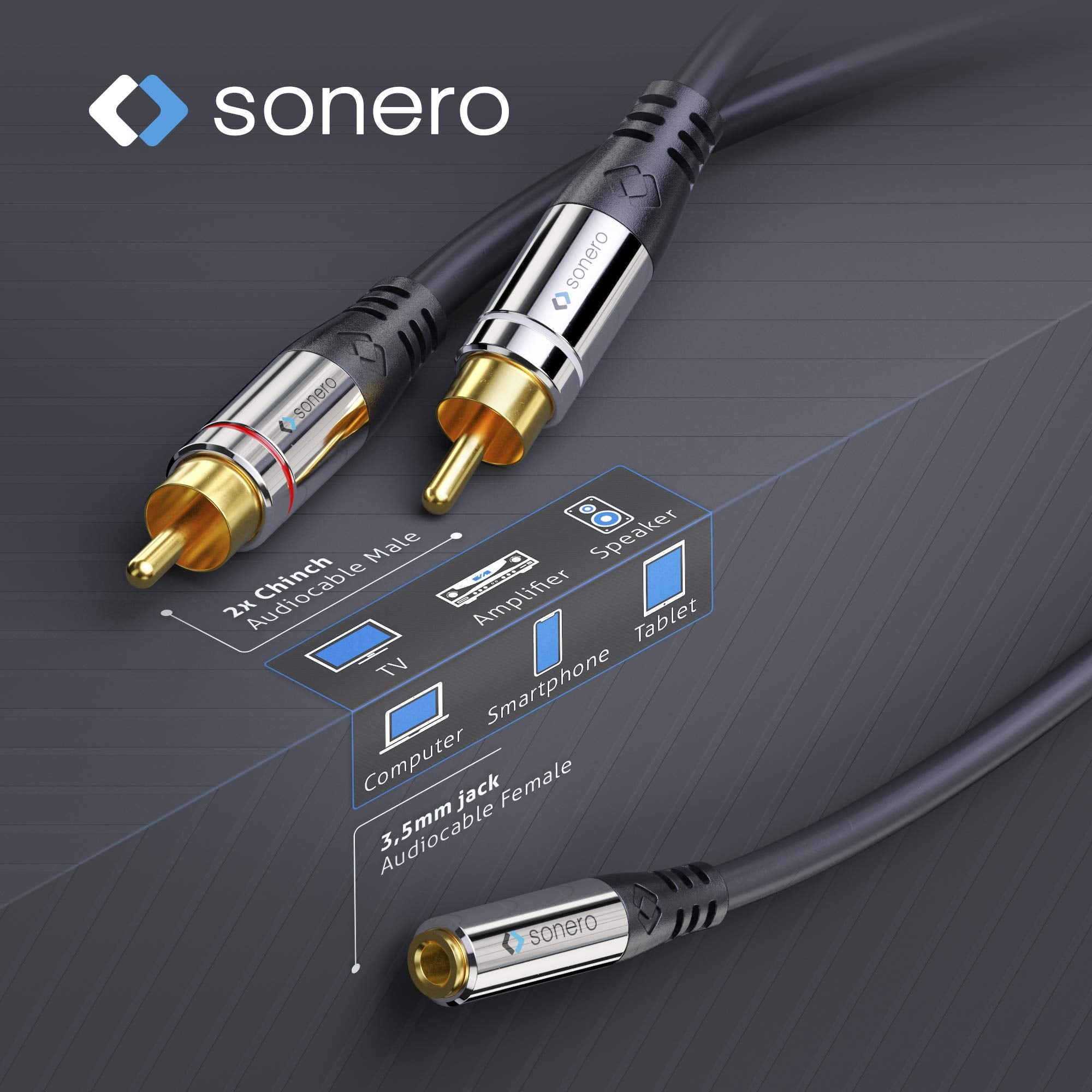 sonero® Premium Audio Adapter, 0,20m, 2X Cinch Stecker auf 3,5mm Klinke Buchse, schwarz