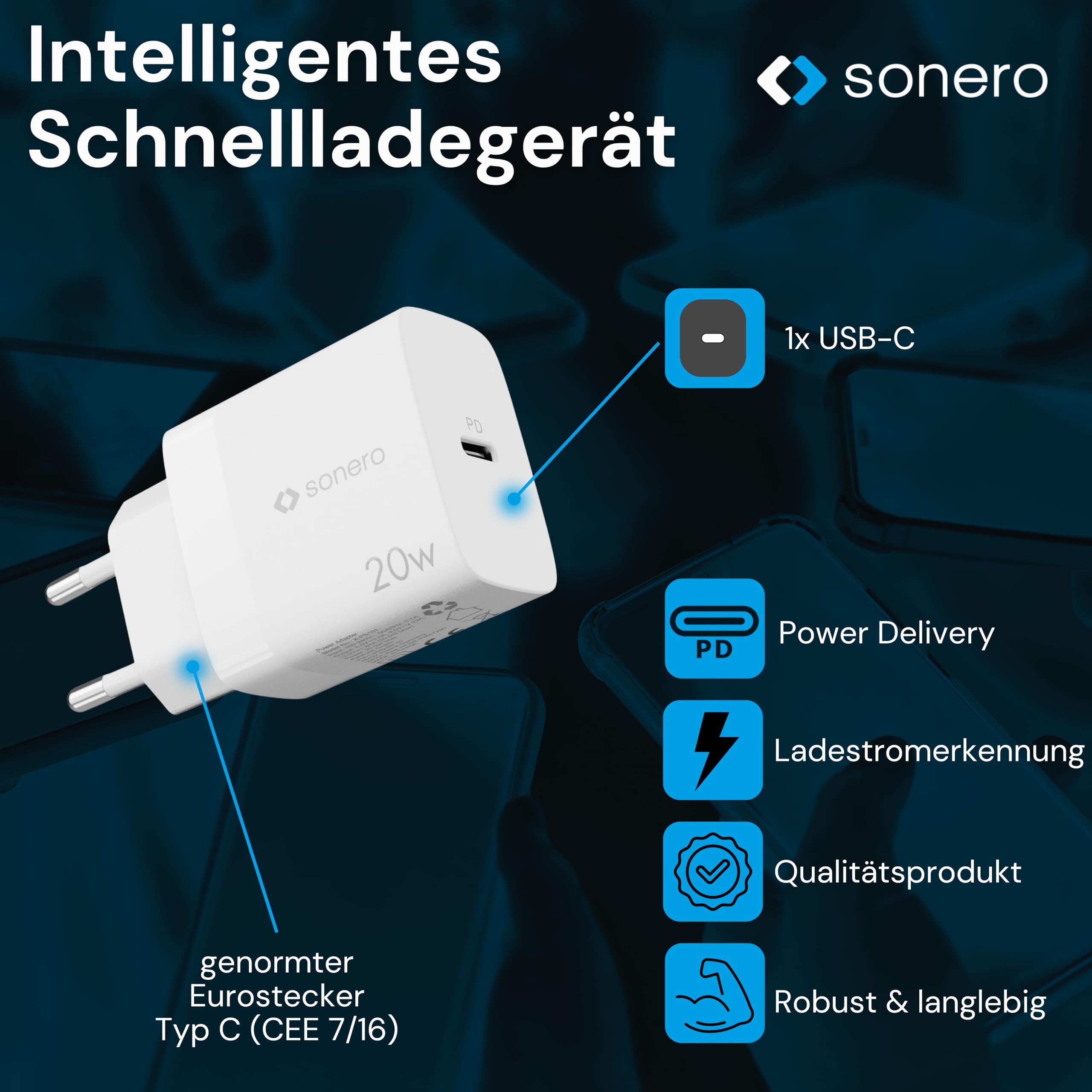 sonero USB C Ladegerät, Ladestecker Adapter, Netzteil 20 Watt Schnellladegerät kompatibel mit Apple iPhone 15, Samsung, Tablet, Laptop uvm, Mehrfach PD Charger, Weiß