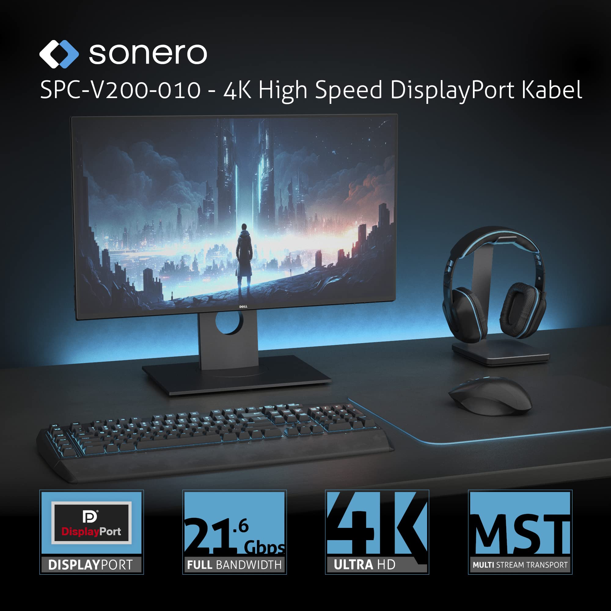 Sonero® 4K USB-C auf DisplayPort Kabel, DisplayPort Stecker auf USB-C Stecker, 4K 60Hz, 21,6 GB/s, Baumwollmantel, grau/schwarz, 2,00 Meter