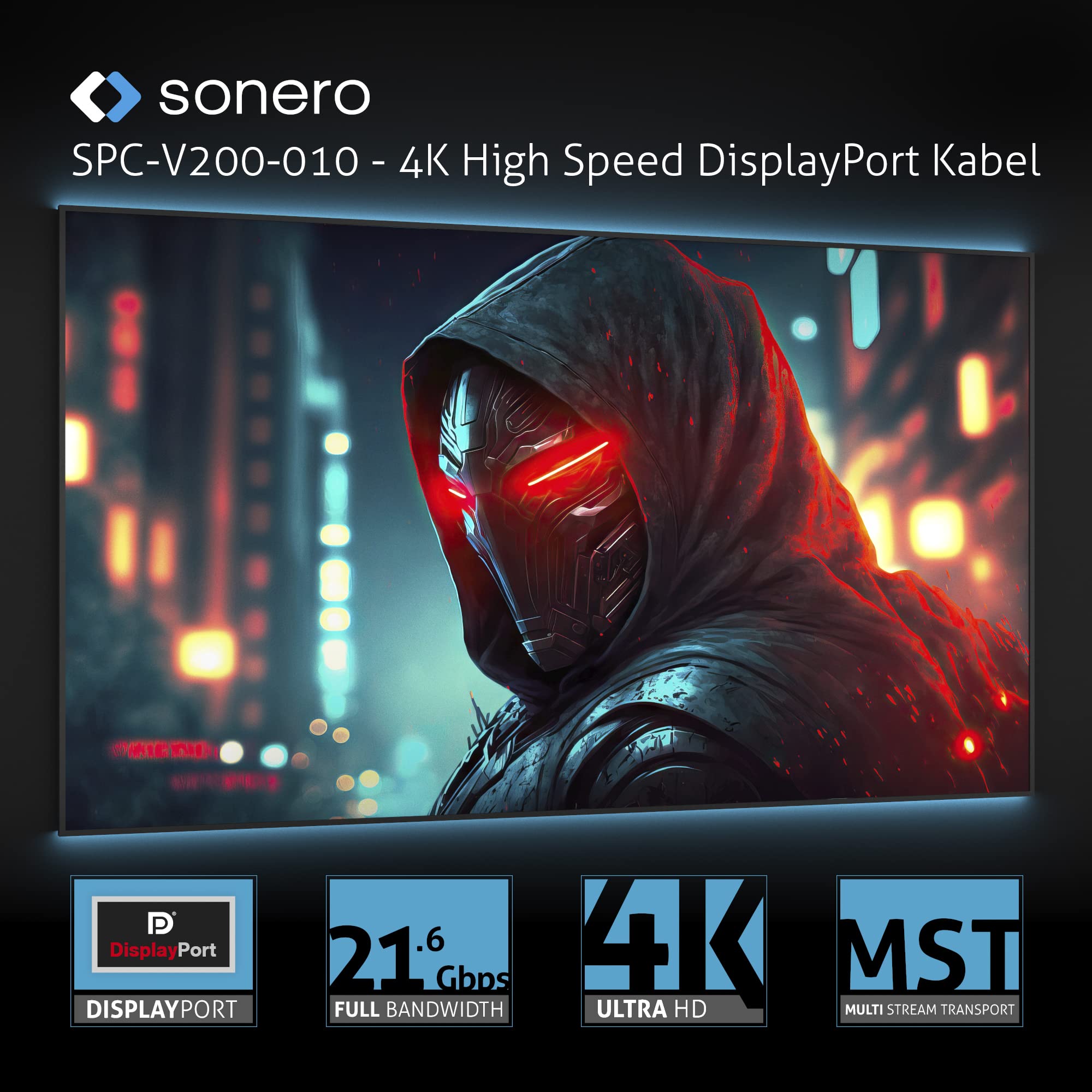 Sonero® 4K USB-C auf DisplayPort Kabel, DisplayPort Stecker auf USB-C Stecker, 4K 60Hz, 21,6 GB/s, Baumwollmantel, grau/schwarz, 2,00 Meter