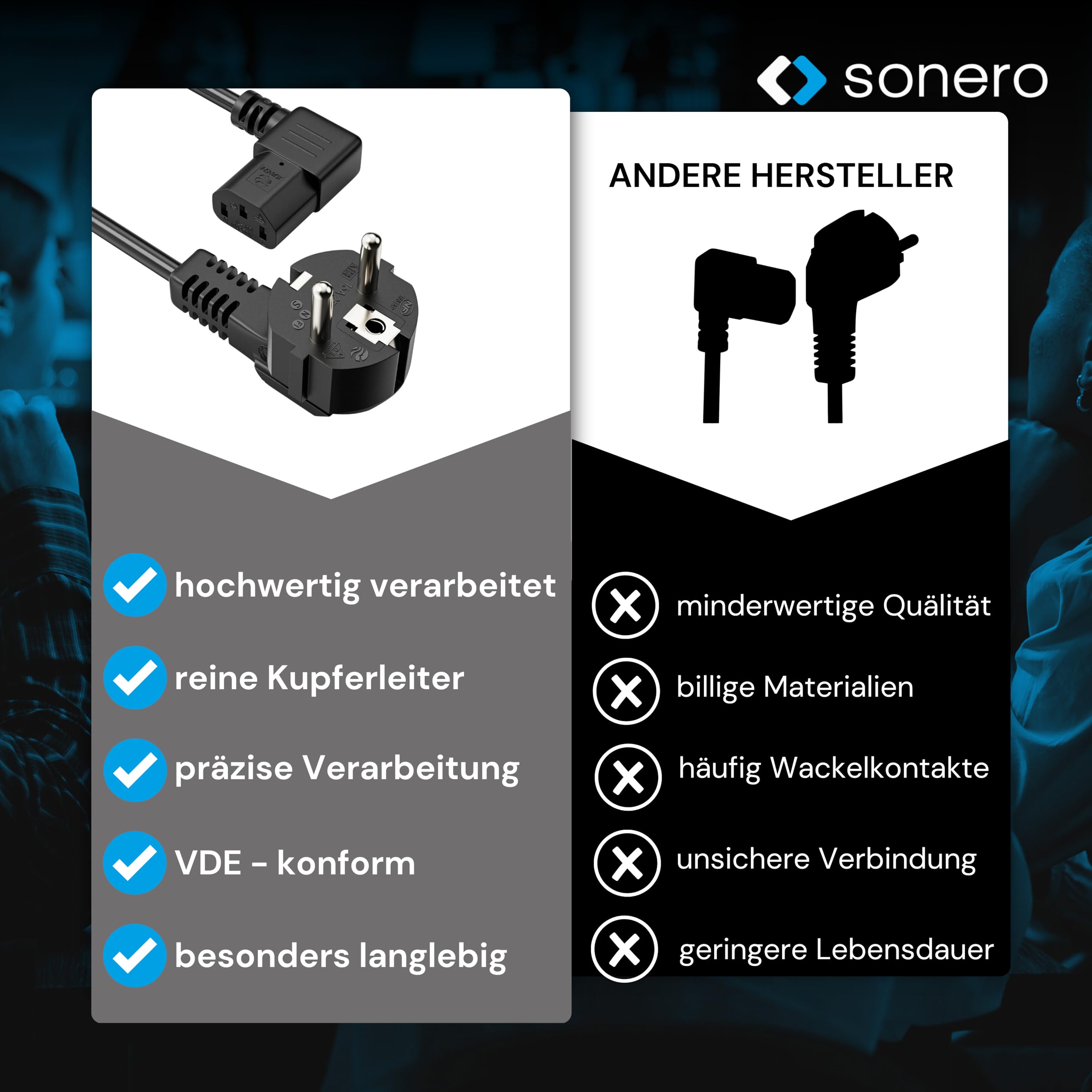 sonero Stromkabel Kaltgerätekabel 3 Polig, 1,0m, Schutzkontakt Stecker Netzstecker auf Kaltgerätekupplung C13 Buchse, 90° Winkel Netzkabel Netzteil Strom Kabel für Monitor PC Drucker, Schwarz