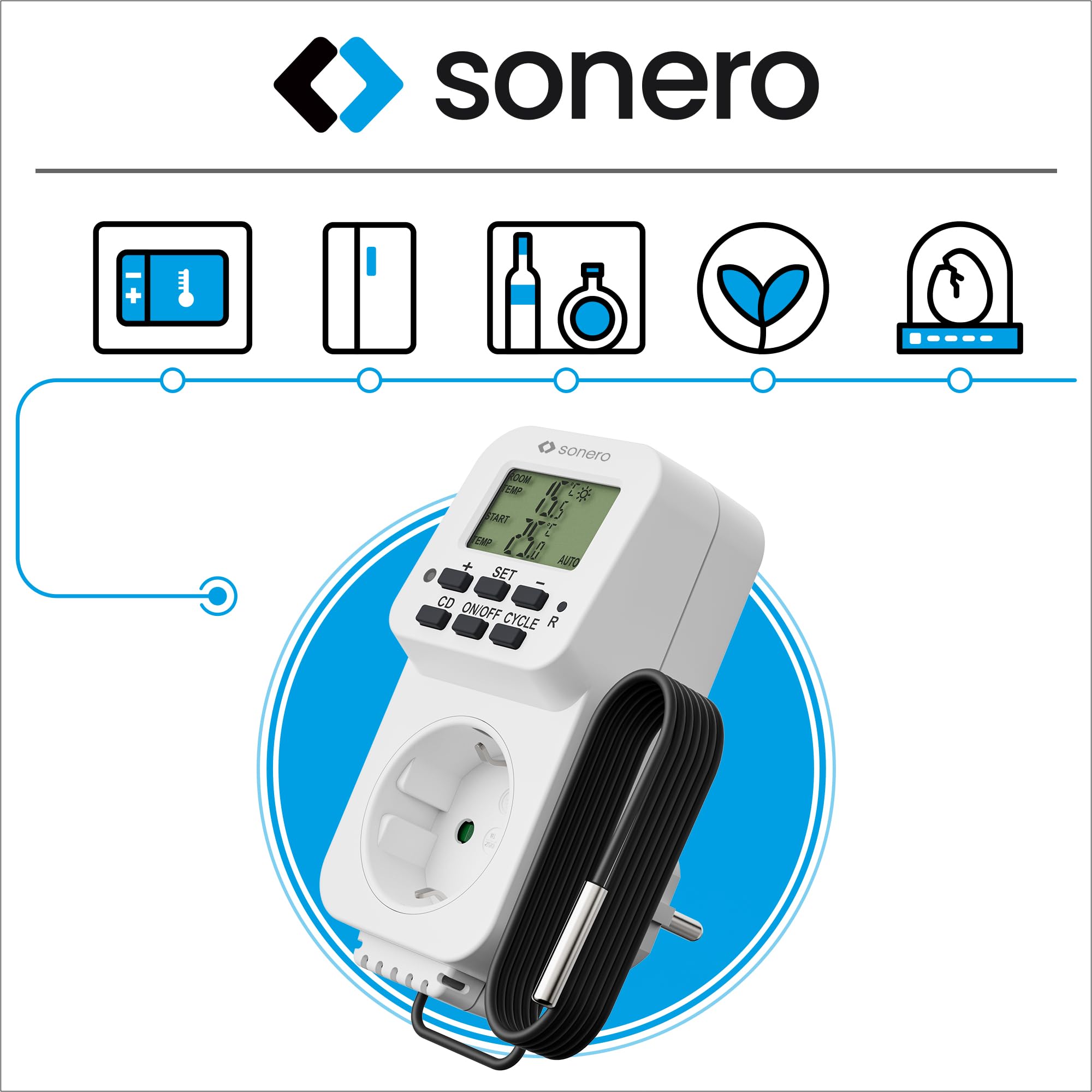 sonero digitales Thermostat Steckdose, Temperaturregler, Heizung, Kühlung, zeitgesteuert mit externem Fühler, für Terrarium, Gewächshaus, Räucherofen, als Frostwächter, 3600 Watt, weiß