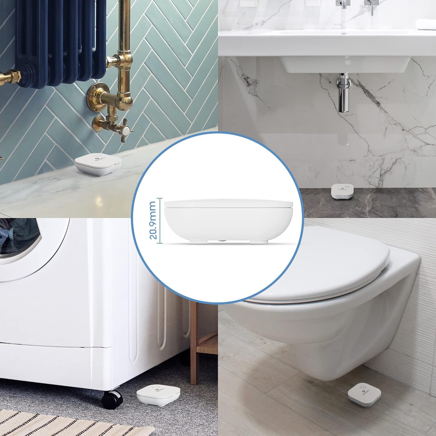 sonero Wassermelder, Batteriebetrieben, 70 dB lauter Alarm, LED Licht und Lautsprecher, weiß