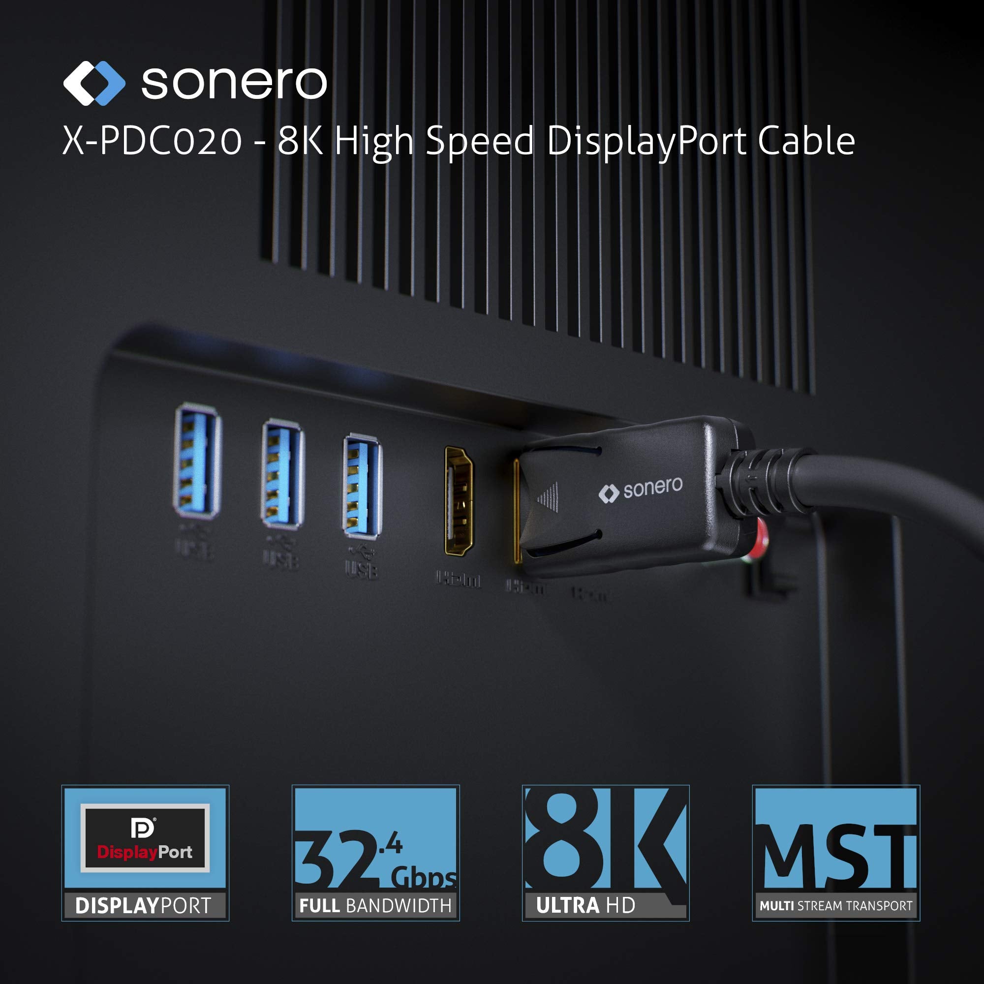 [Neu] sonero 5m DisplayPort Kabel 1.4, DisplayPort auf DisplayPort, 8K 60hz, schwarz, 5,00m