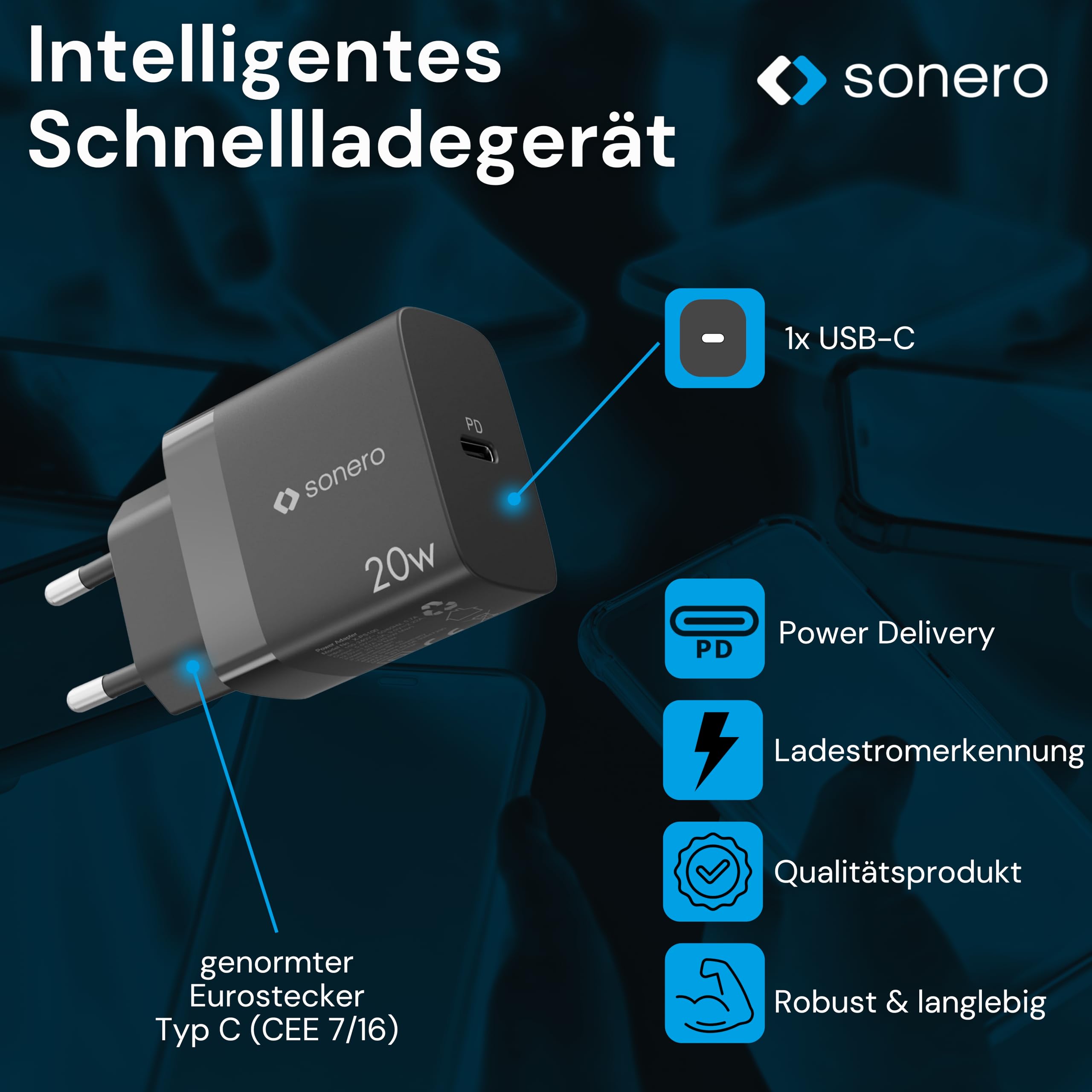 sonero USB C Ladegerät, Ladestecker Adapter, Netzteil 20 Watt Schnellladegerät kompatibel mit Apple iPhone 15, Samsung, Tablet, Laptop uvm, Mehrfach PD Charger, Schwarz