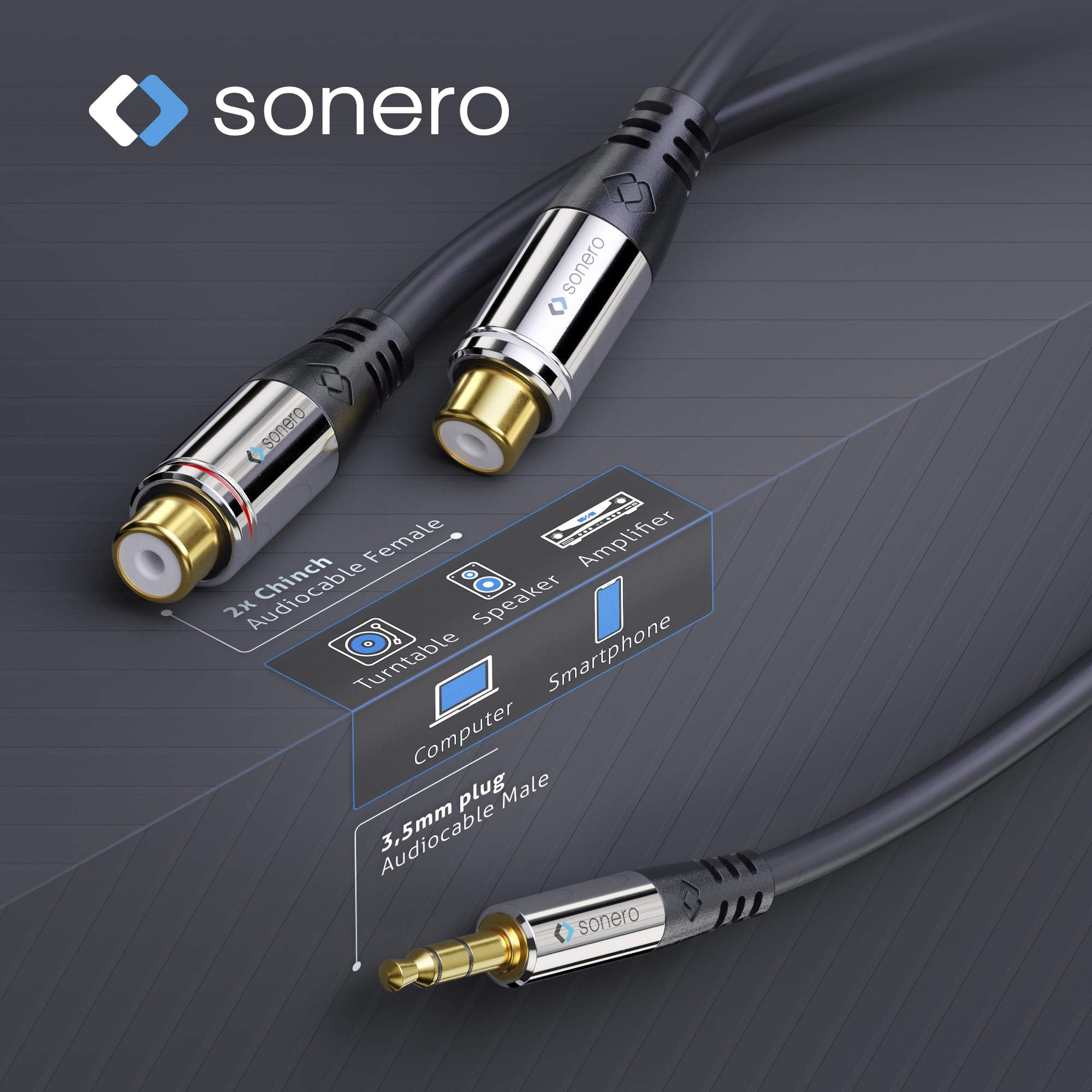 Sonero Premium Audio Adapter, 0,20m, 3,5mm Klinke Stecker auf 2X Cinch Buchse, schwarz S-ACA003