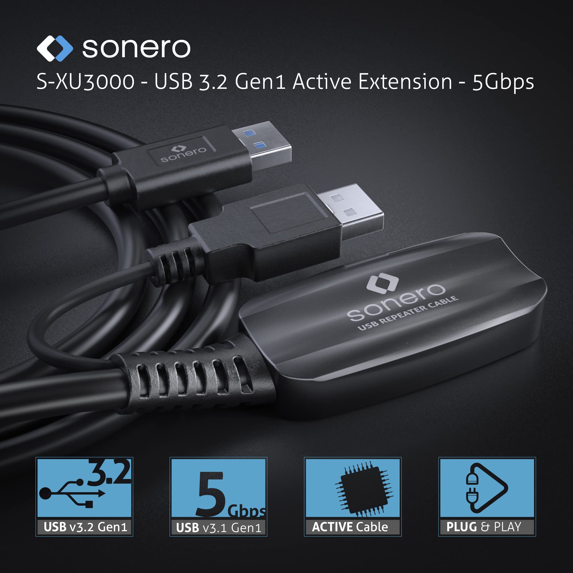 Sonero USB 3.2 Gen1x1 Aktive Verlängerung - A/A - schwarz - 10,00m