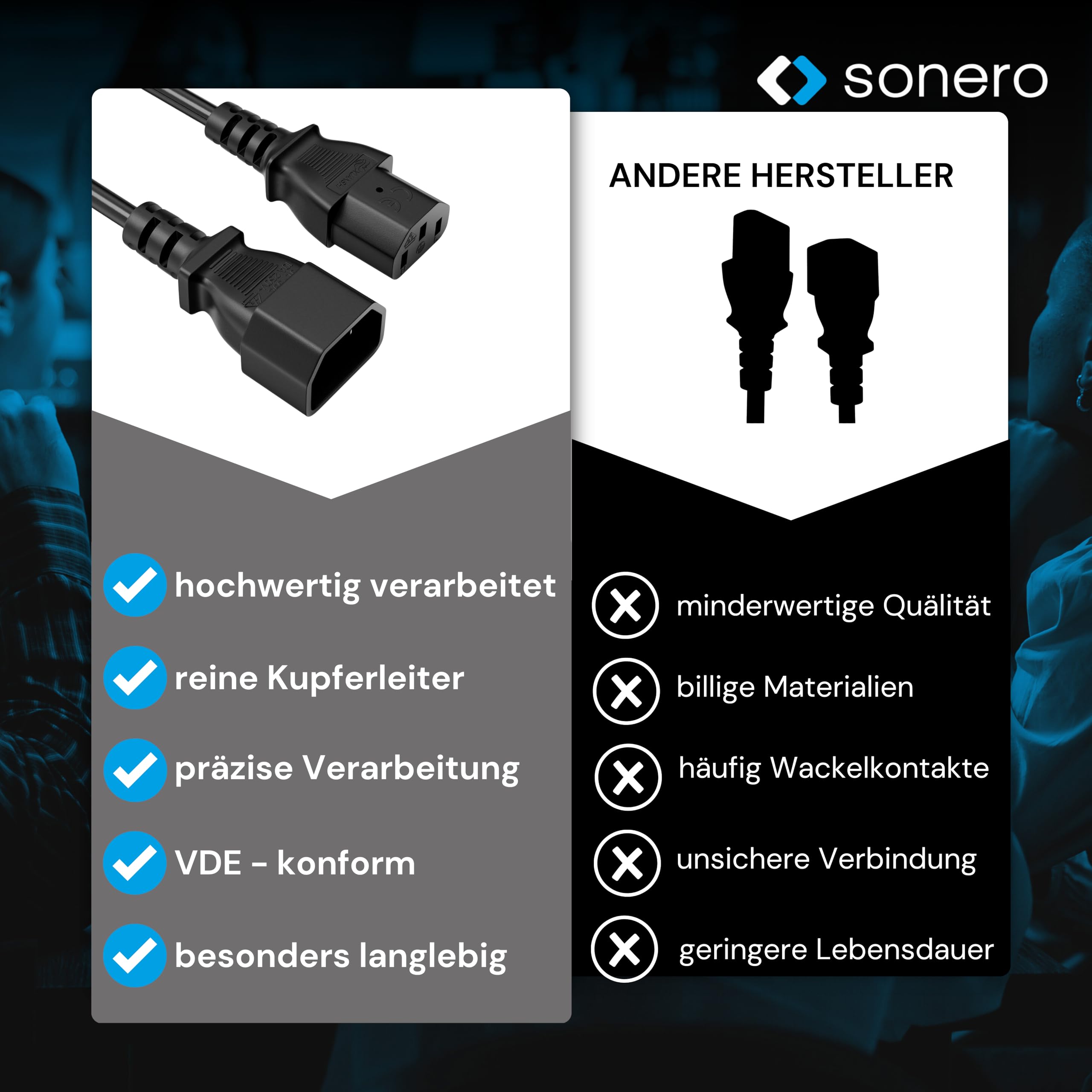 sonero Kaltgerätekabel Kaltgeräte Verlängerung 3 Polig, 2,0m, Kaltgeräte Stecker Netzstecker C14 auf Kaltgerätekupplung C13 Buchse, Verlängerungskabel Netzkabel für Monitor PC Drucker, Schwarz
