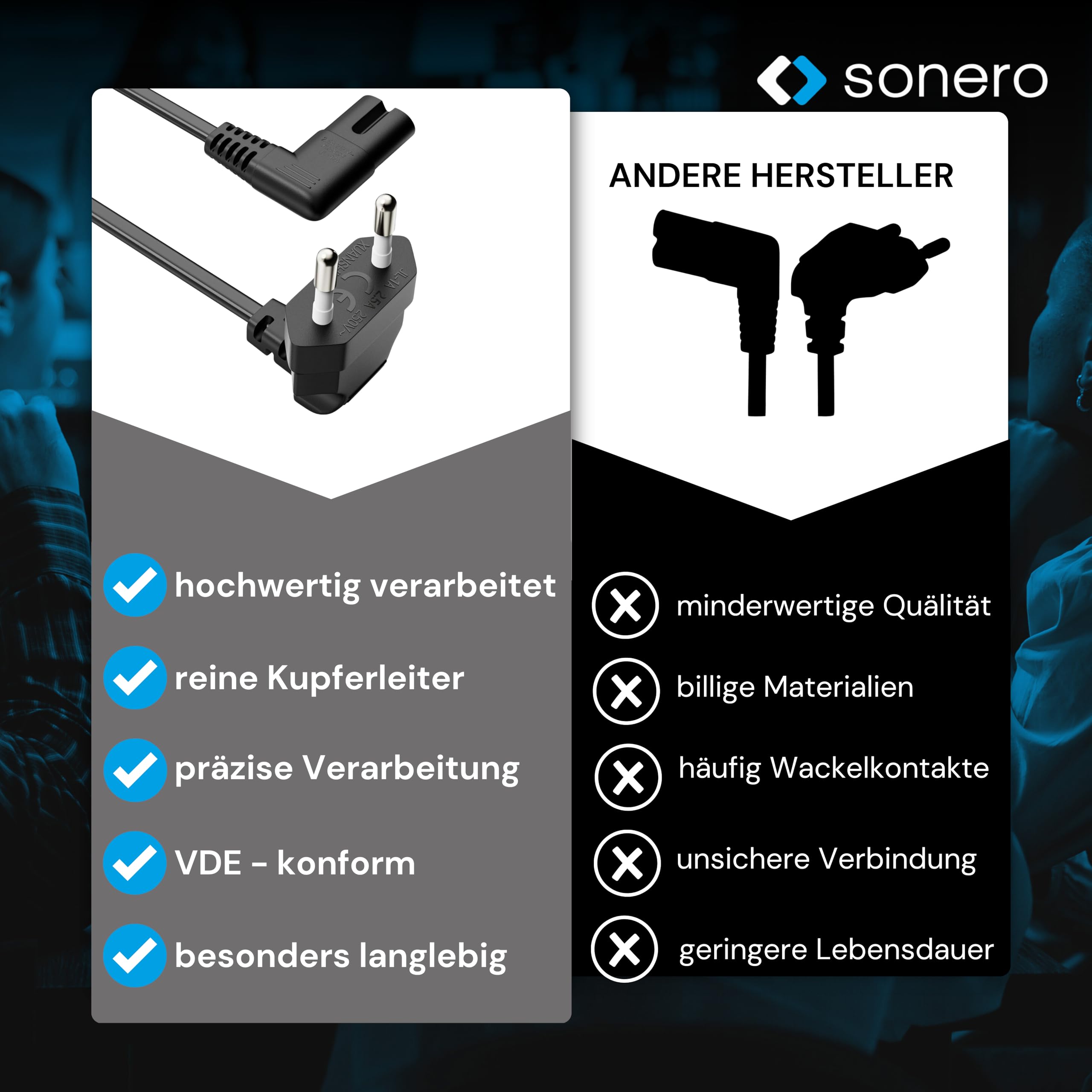 sonero Stromkabel Netzkabel 2 Polig, 5,0m, Eurostecker Typ C Netzstecker auf IEC Buchse C7 Euro 8 Stecker, 90° Winkel Netzteil Strom Kabel für TV, PS5, PS4, PS3, Haushaltsgeräte, Schwarz