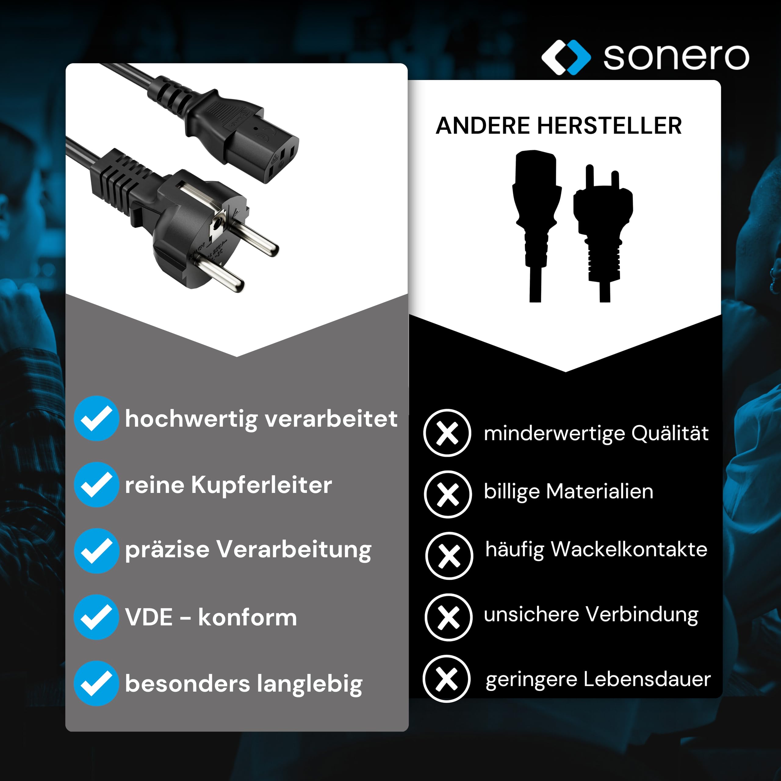 sonero Stromkabel Kaltgerätekabel 3 Polig, 2,0m, Schutzkontakt Stecker Netzstecker auf Kaltgerätekupplung C13 Buchse, Netzkabel Netzteil Strom Kabel für Monitor PC Drucker, Schwarz