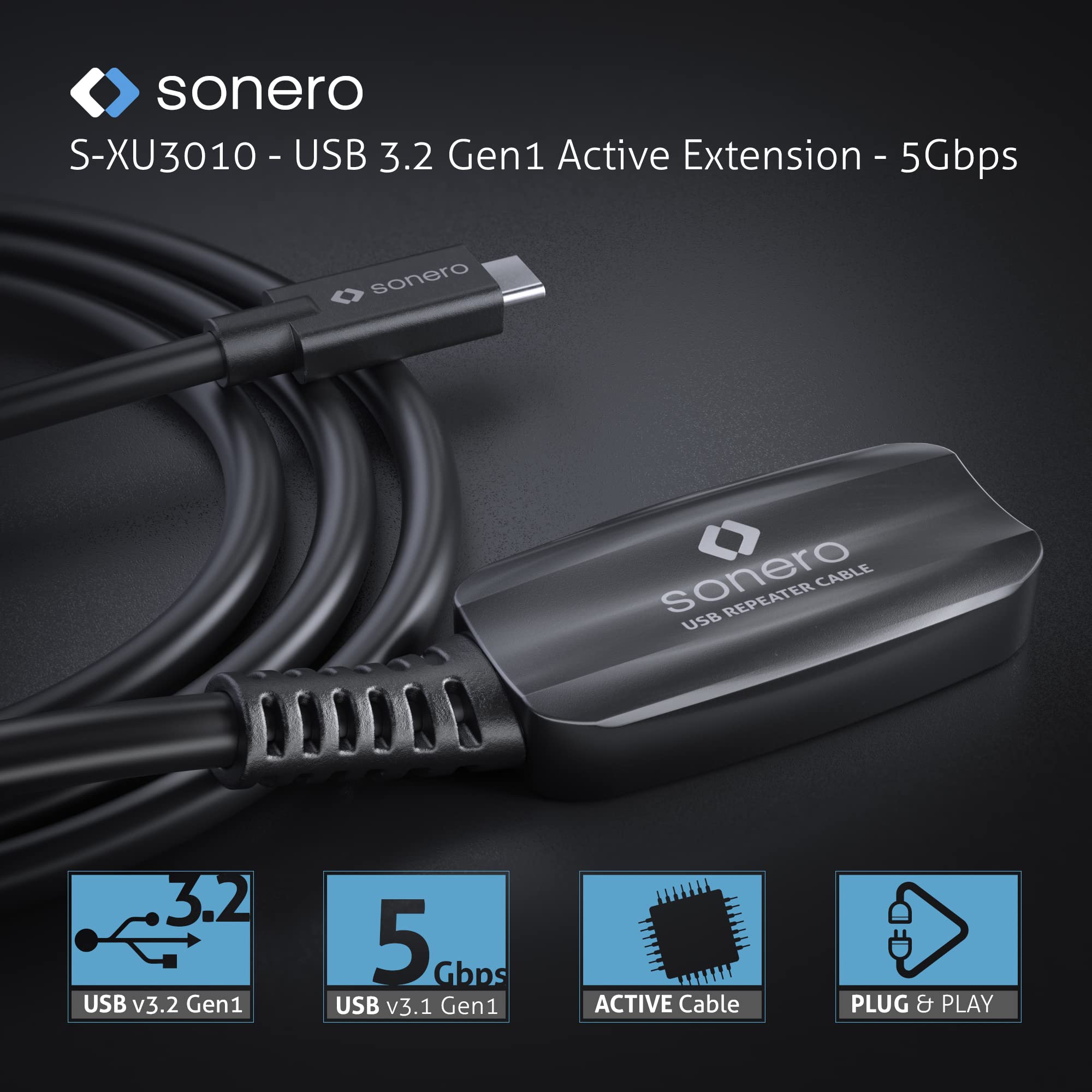 Sonero USB 3.2 Gen1x1 Aktive Verlängerung - C/C - schwarz - 5,00m